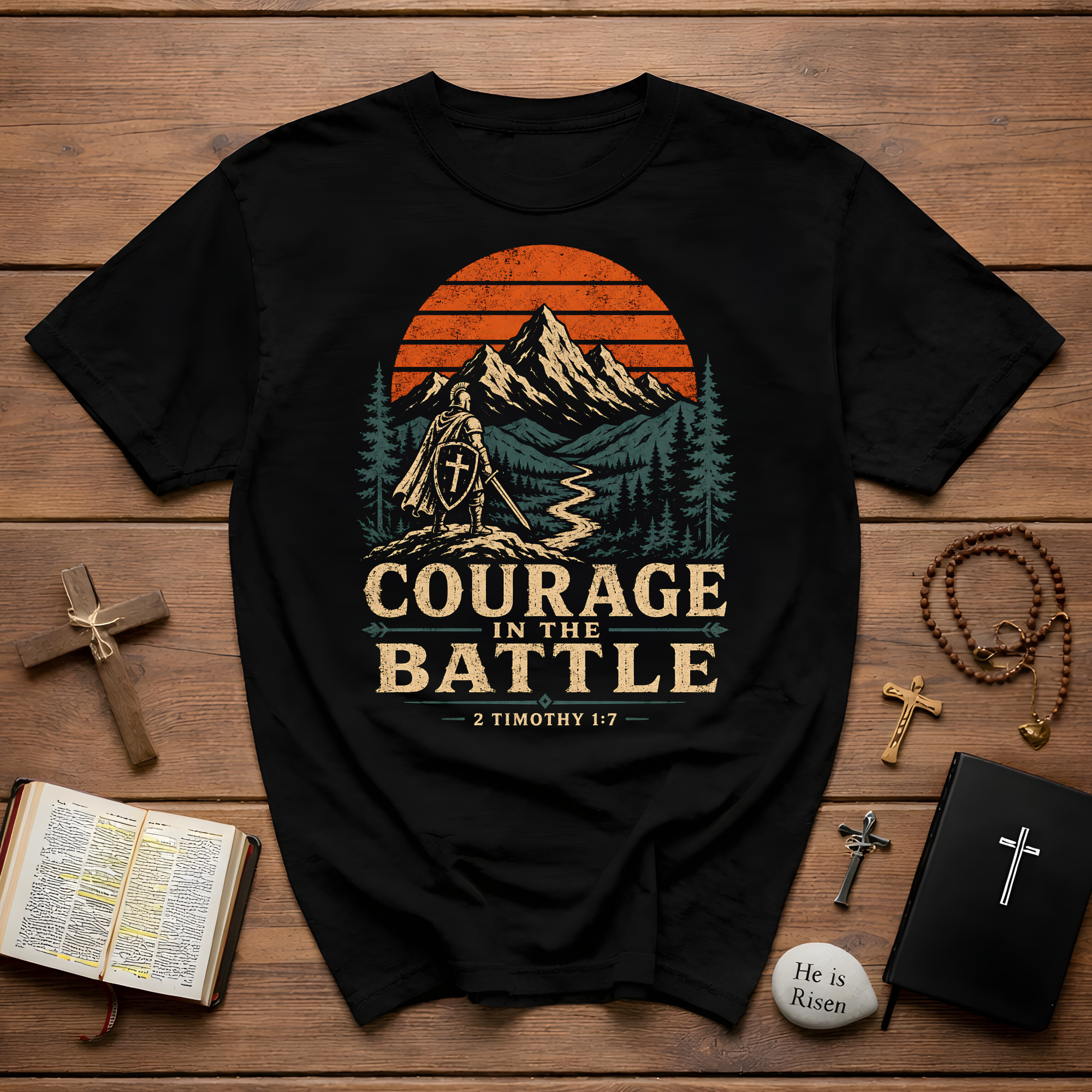 Courage In The Battle 2 Timothy 1 7 Christian Warrior Scripture For Spiritual Strength And Bold Faith T-Shirt