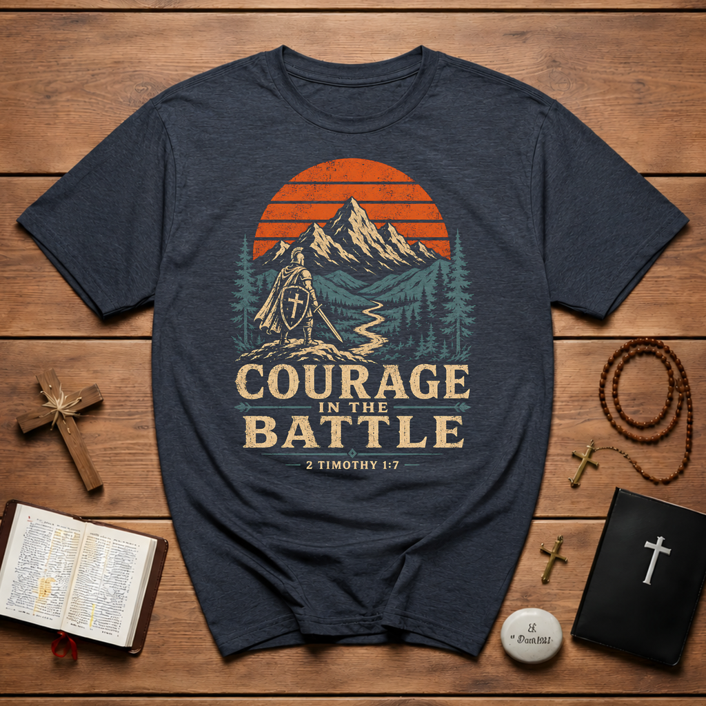 Courage In The Battle 2 Timothy 1 7 Christian Warrior Scripture For Spiritual Strength And Bold Faith T-Shirt