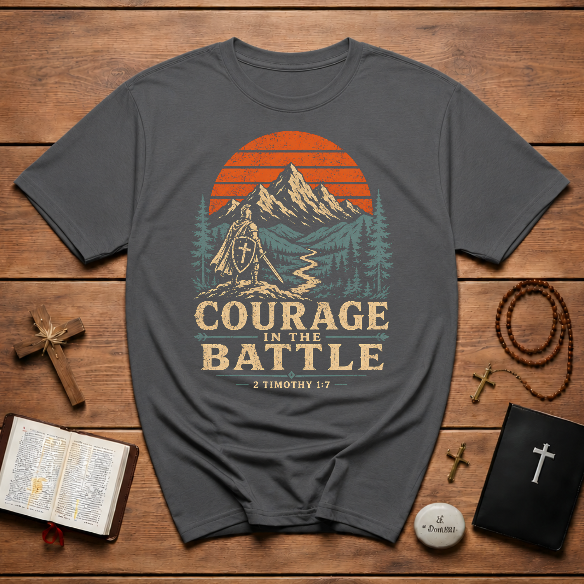 Courage In The Battle 2 Timothy 1 7 Christian Warrior Scripture For Spiritual Strength And Bold Faith T-Shirt