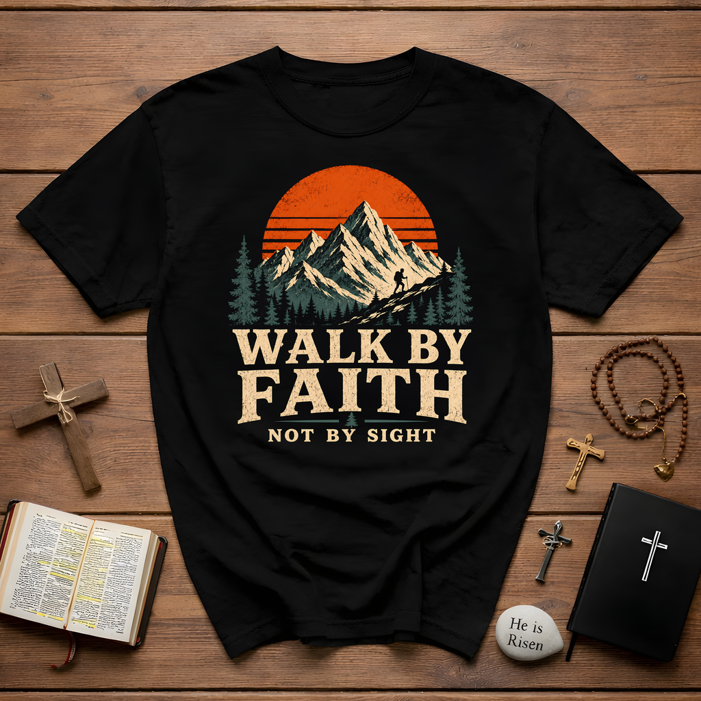 Walk By Faith Not By Sight Christian Hiking Mountain Bible Verse Outdoors T-Shirt