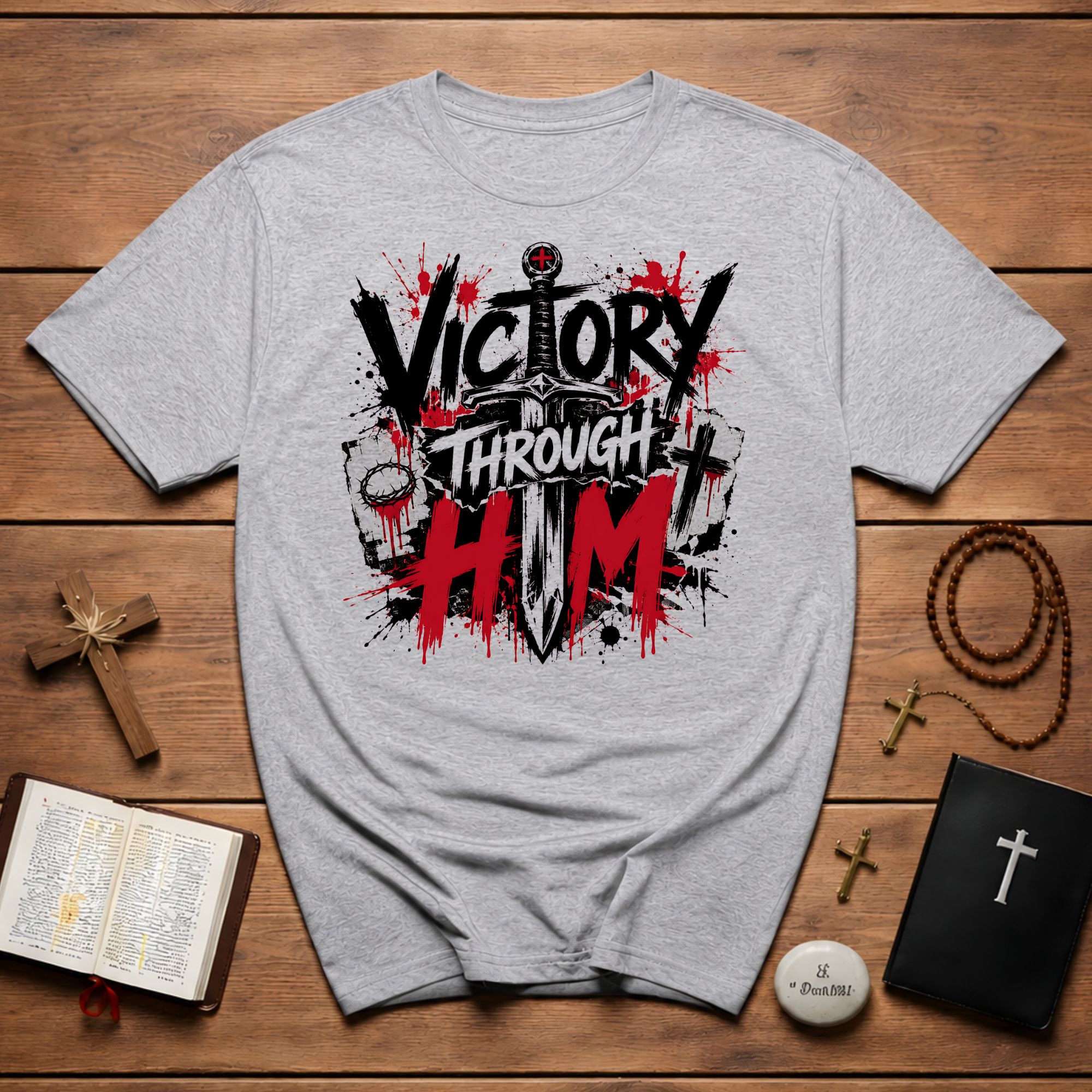 Victory Through Him Christian Cross Sword Jesus Faith Spiritual Warfare T-Shirt