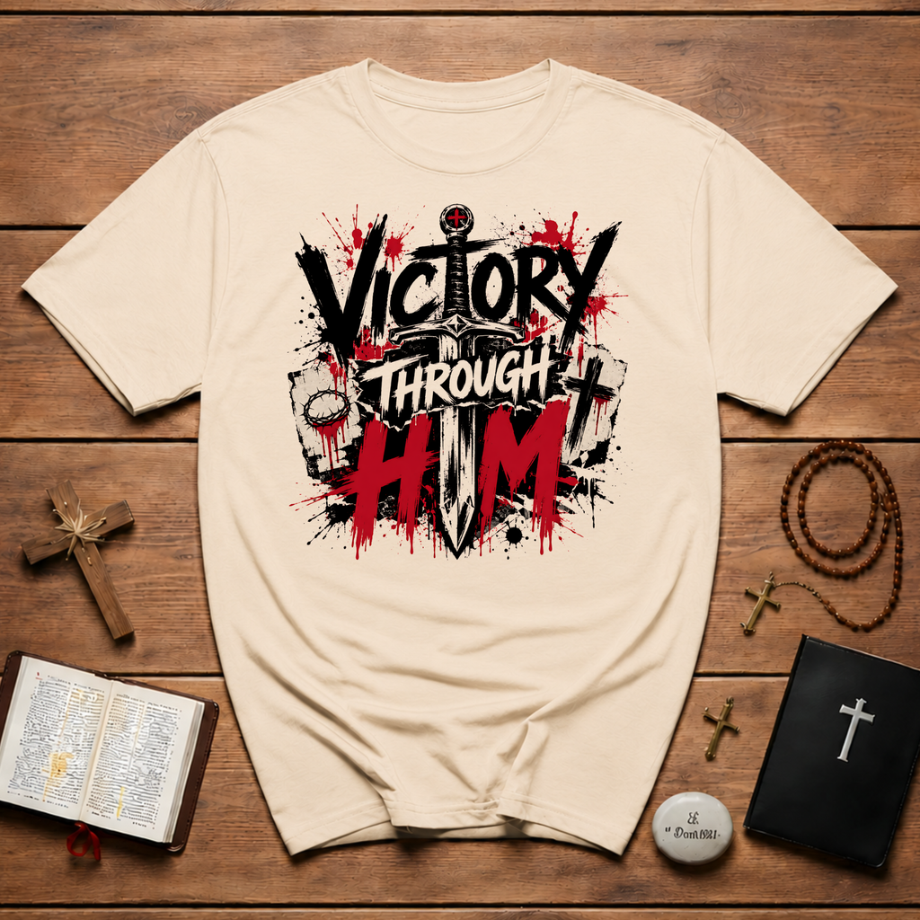Victory Through Him Christian Cross Sword Jesus Faith Spiritual Warfare T-Shirt