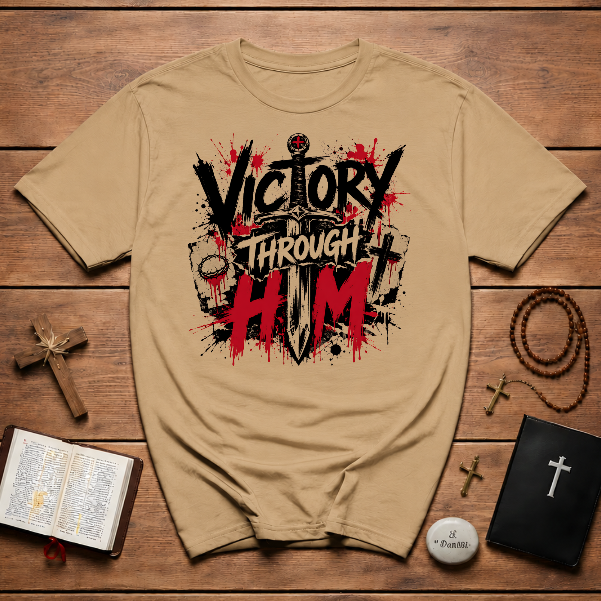 Victory Through Him Christian Cross Sword Jesus Faith Spiritual Warfare T-Shirt