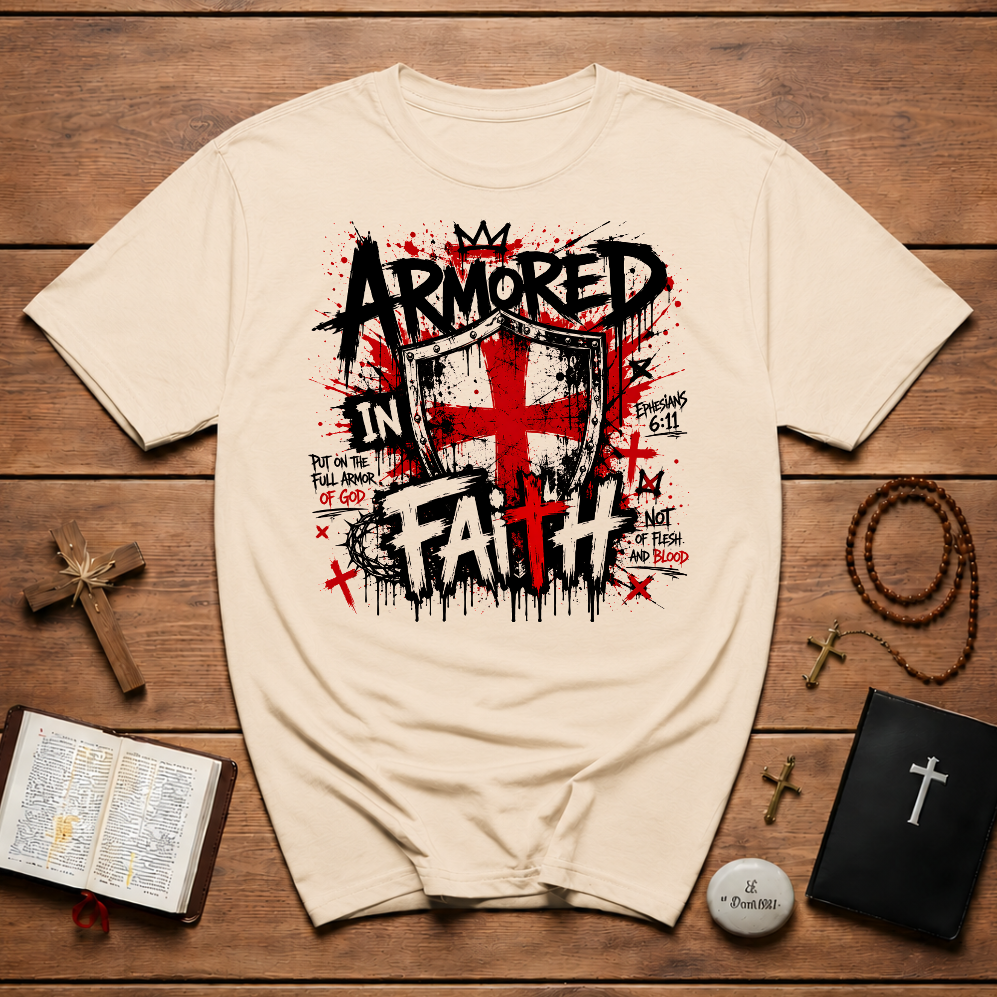 Armored In Faith T-Shirt — Ephesians 6:11 Shield Christian Tee