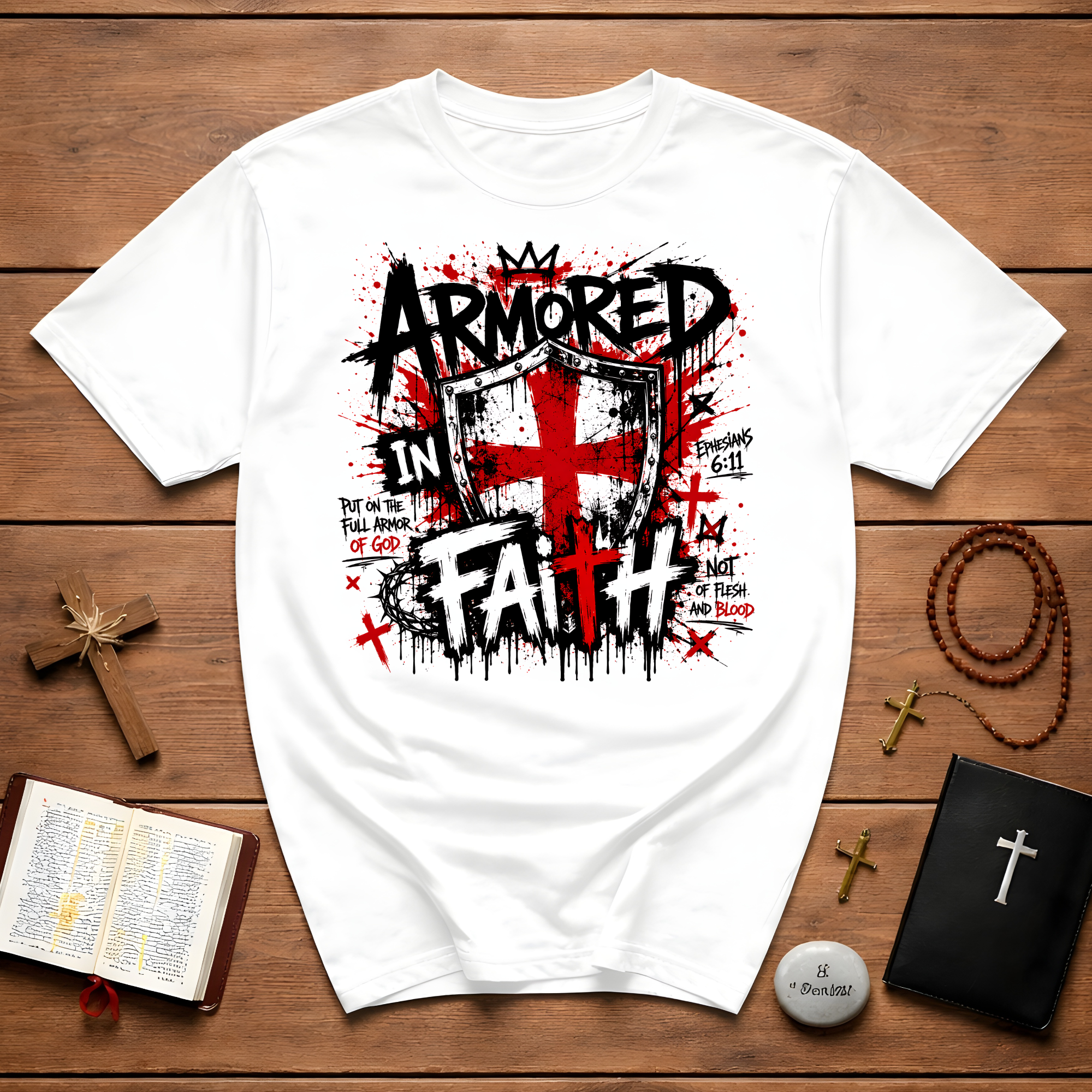 Armored In Faith T-Shirt — Ephesians 6:11 Shield Christian Tee