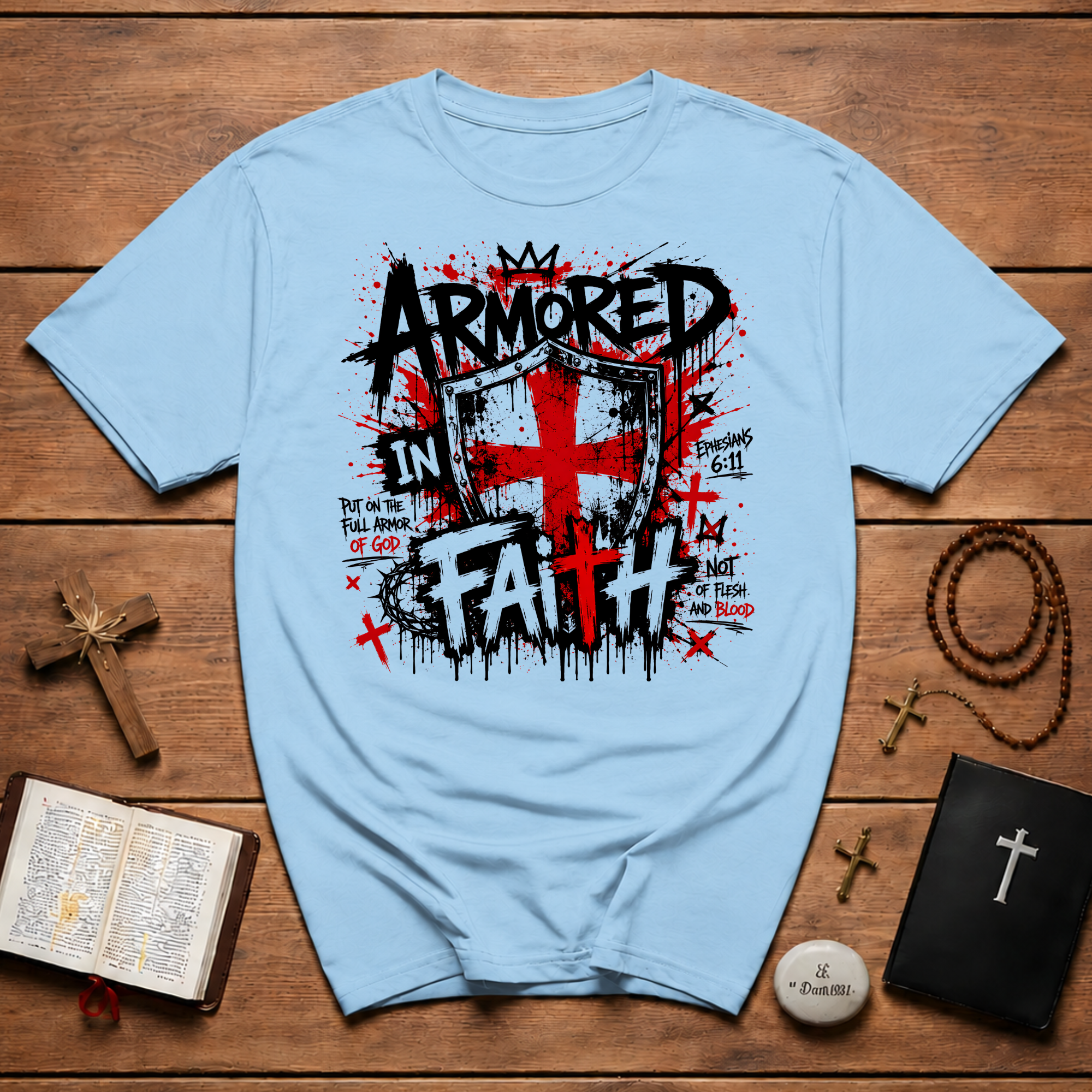 Armored In Faith T-Shirt — Ephesians 6:11 Shield Christian Tee