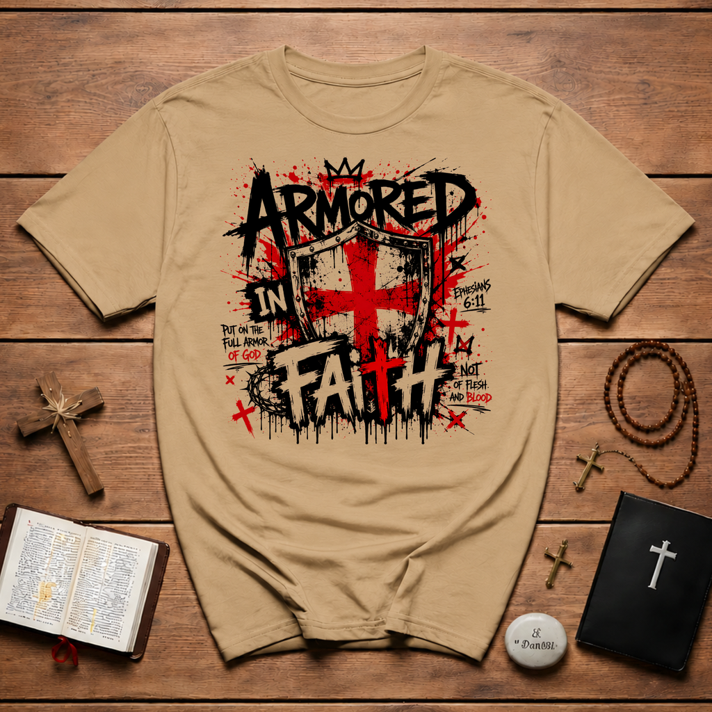 Armored In Faith T-Shirt — Ephesians 6:11 Shield Christian Tee
