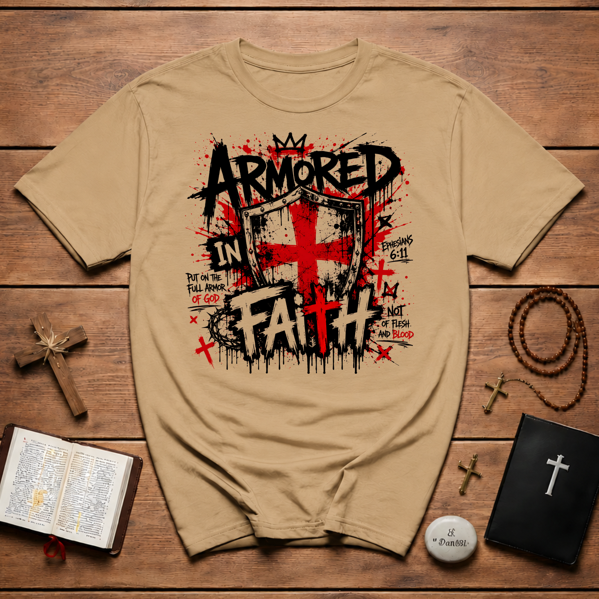 Armored In Faith T-Shirt — Ephesians 6:11 Shield Christian Tee