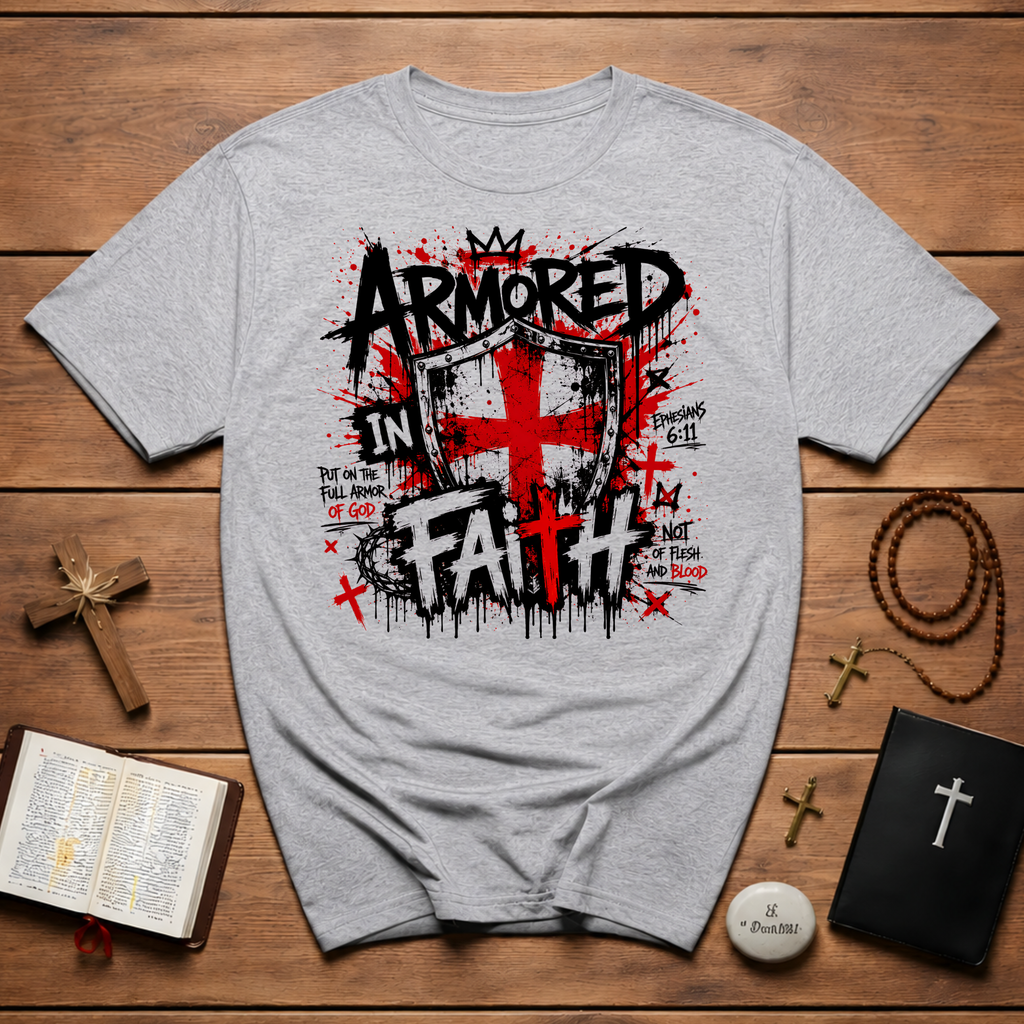 Armored In Faith T-Shirt — Ephesians 6:11 Shield Christian Tee