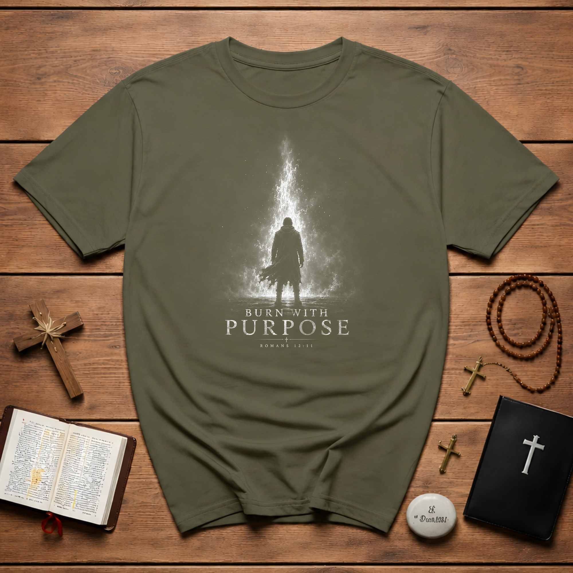 Burn With Purpose Romans 12 11 Christian Fire Scripture Verse Faith Motivation T-Shirt