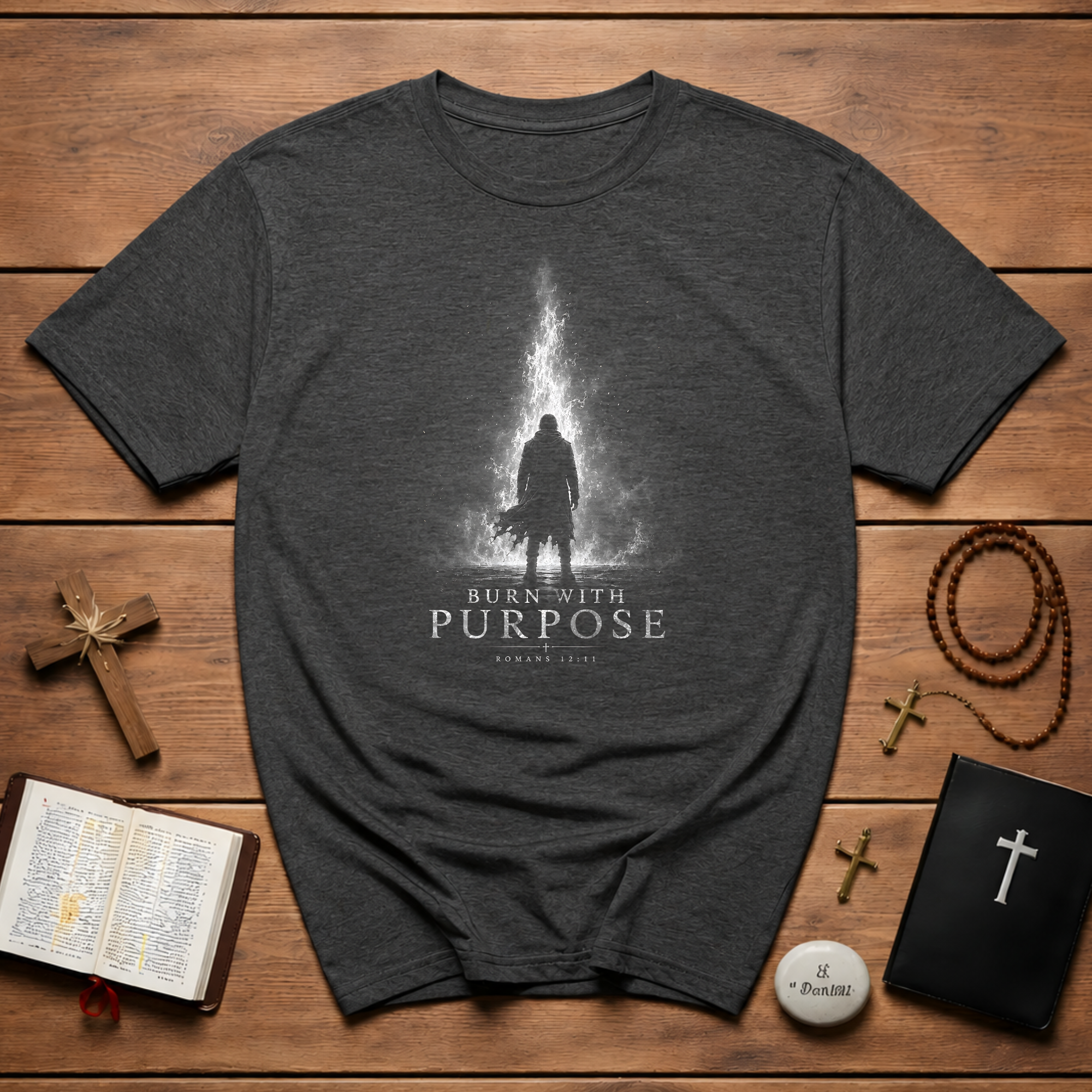 Burn With Purpose Romans 12 11 Christian Fire Scripture Verse Faith Motivation T-Shirt