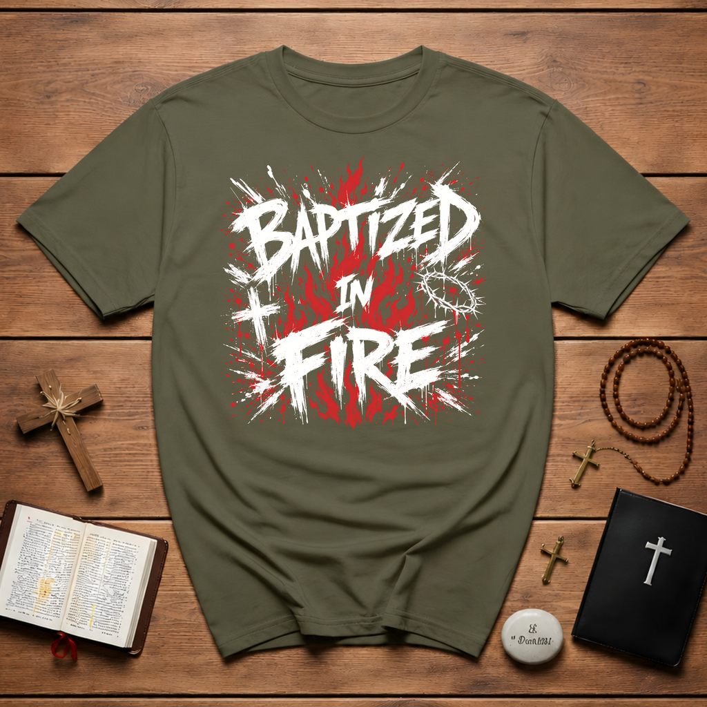 Baptized In Fire Christian Faith Revival Cross Crown Of Thorns Flame T-Shirt