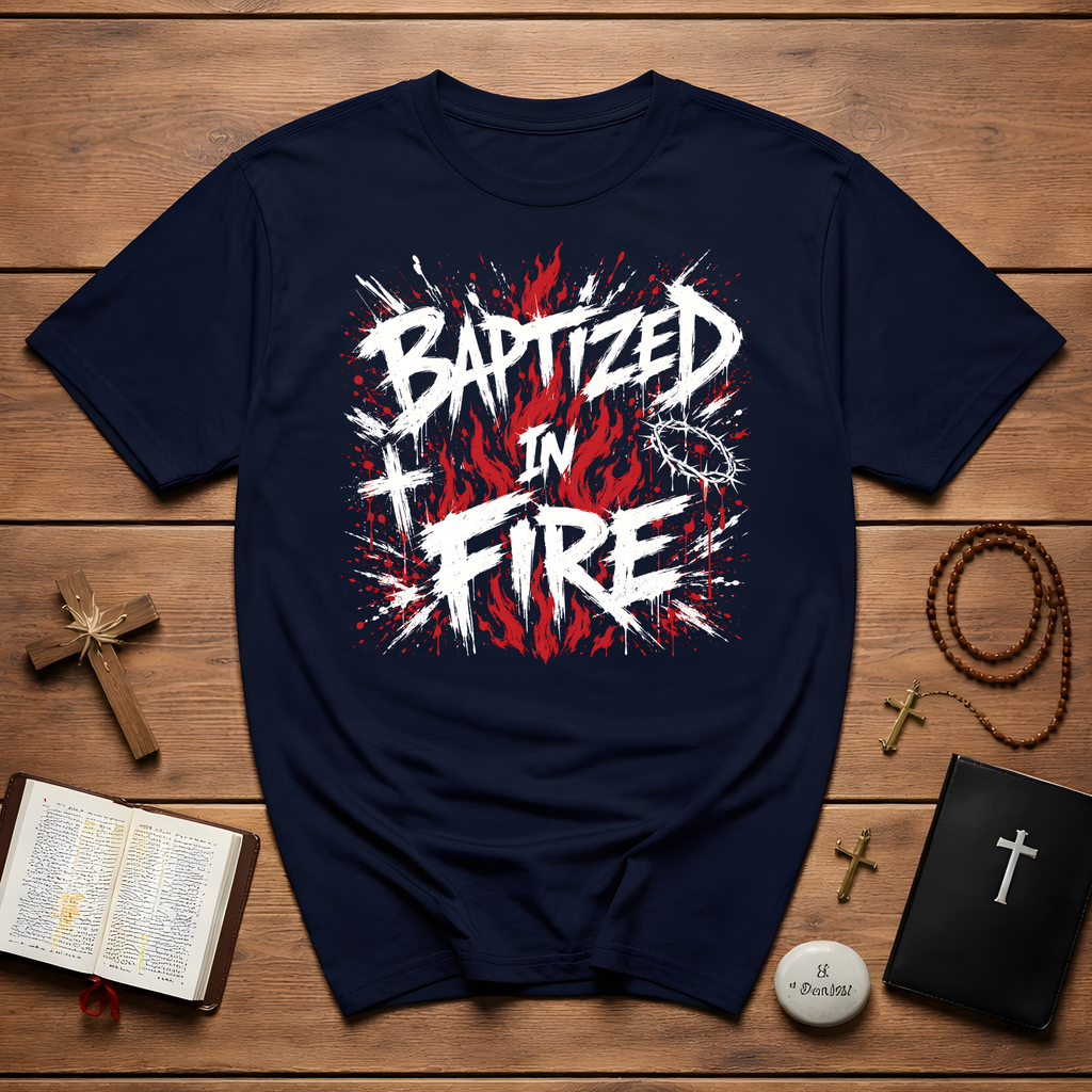 Baptized In Fire Christian Faith Revival Cross Crown Of Thorns Flame T-Shirt