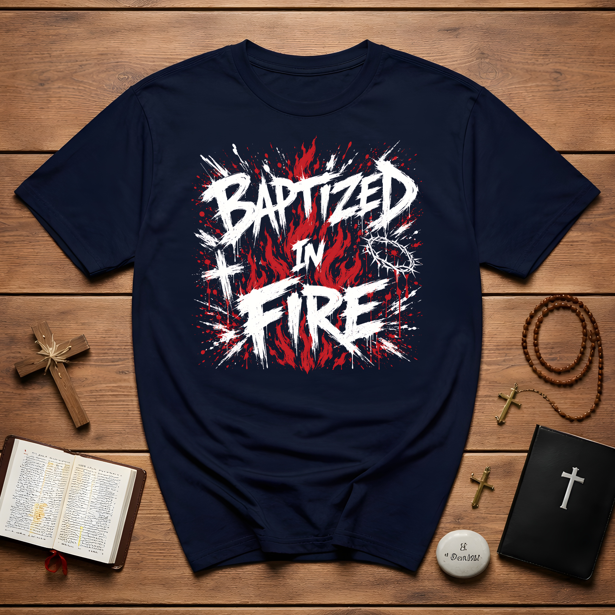 Baptized In Fire Christian Faith Revival Cross Crown Of Thorns Flame T-Shirt