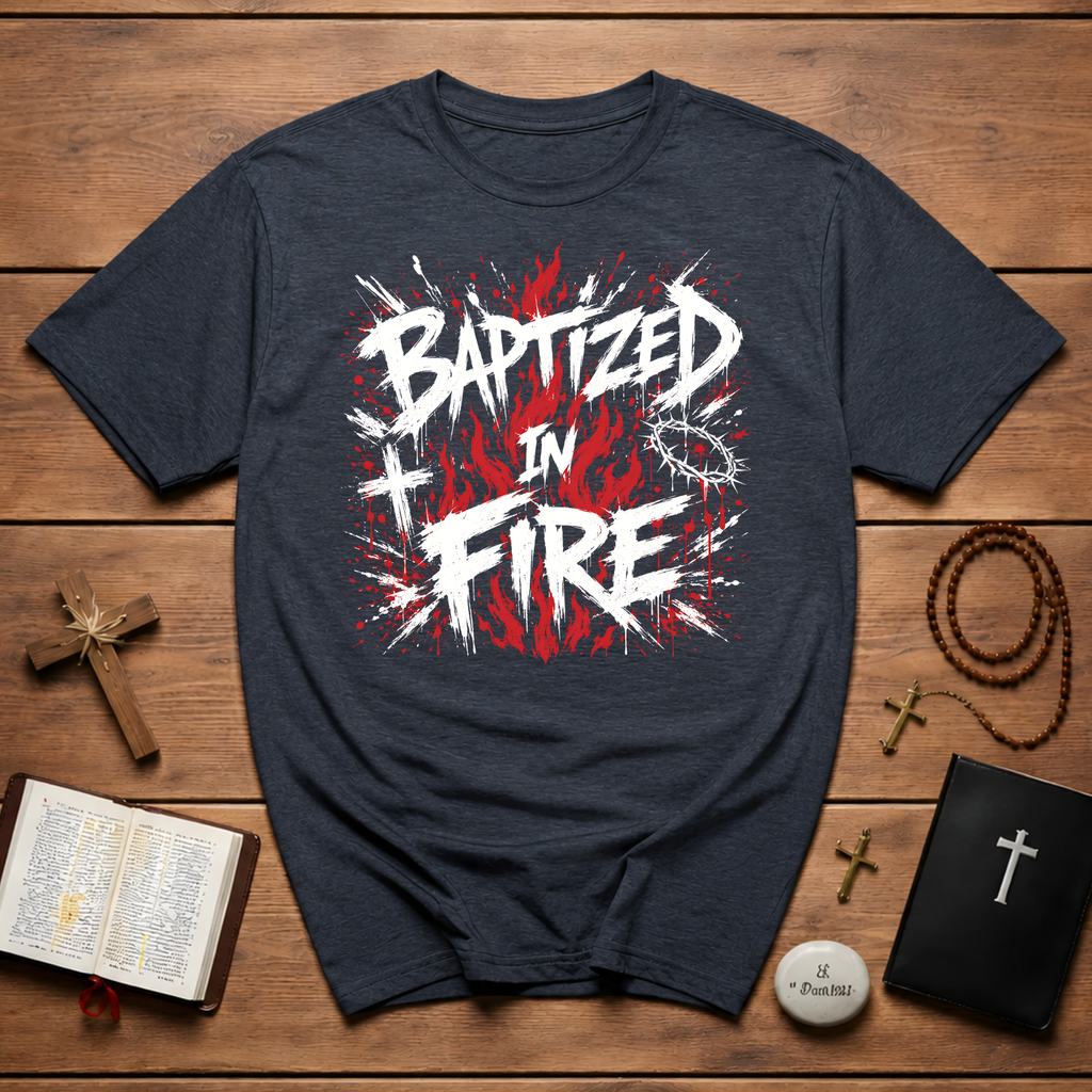 Baptized In Fire Christian Faith Revival Cross Crown Of Thorns Flame T-Shirt