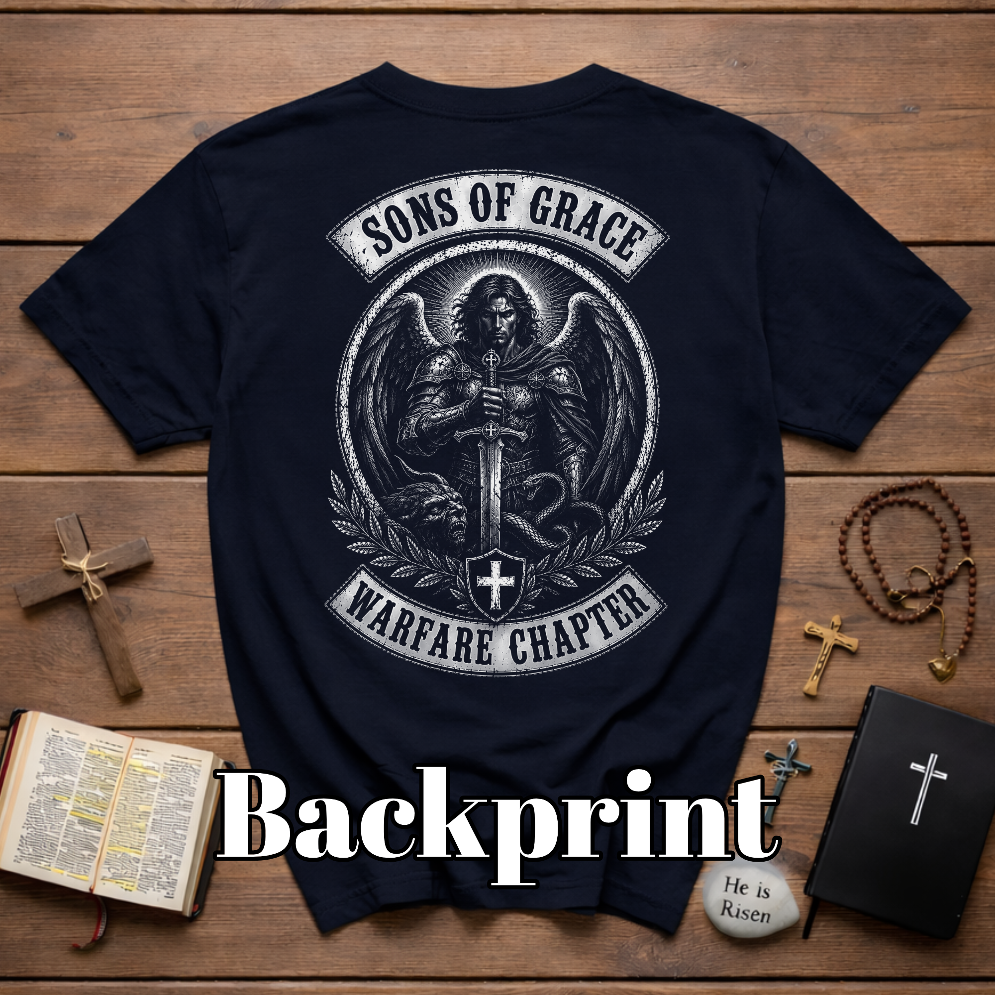 Sons Of Grace Warfare Chapter Christian Warrior Angel Sword Spiritual Warfare Armor Of God Archangel Battle Emblem T-Shirt