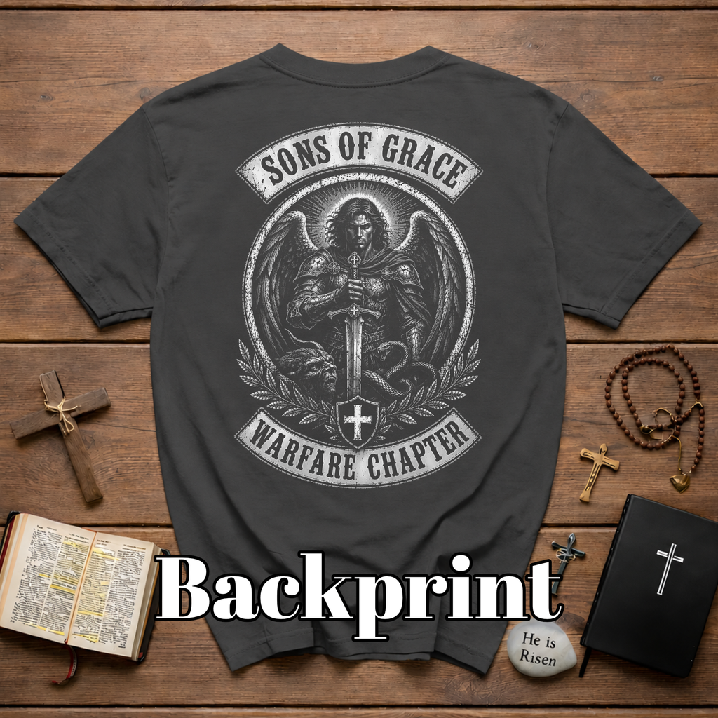 Sons Of Grace Warfare Chapter Christian Warrior Angel Sword Spiritual Warfare Armor Of God Archangel Battle Emblem T-Shirt