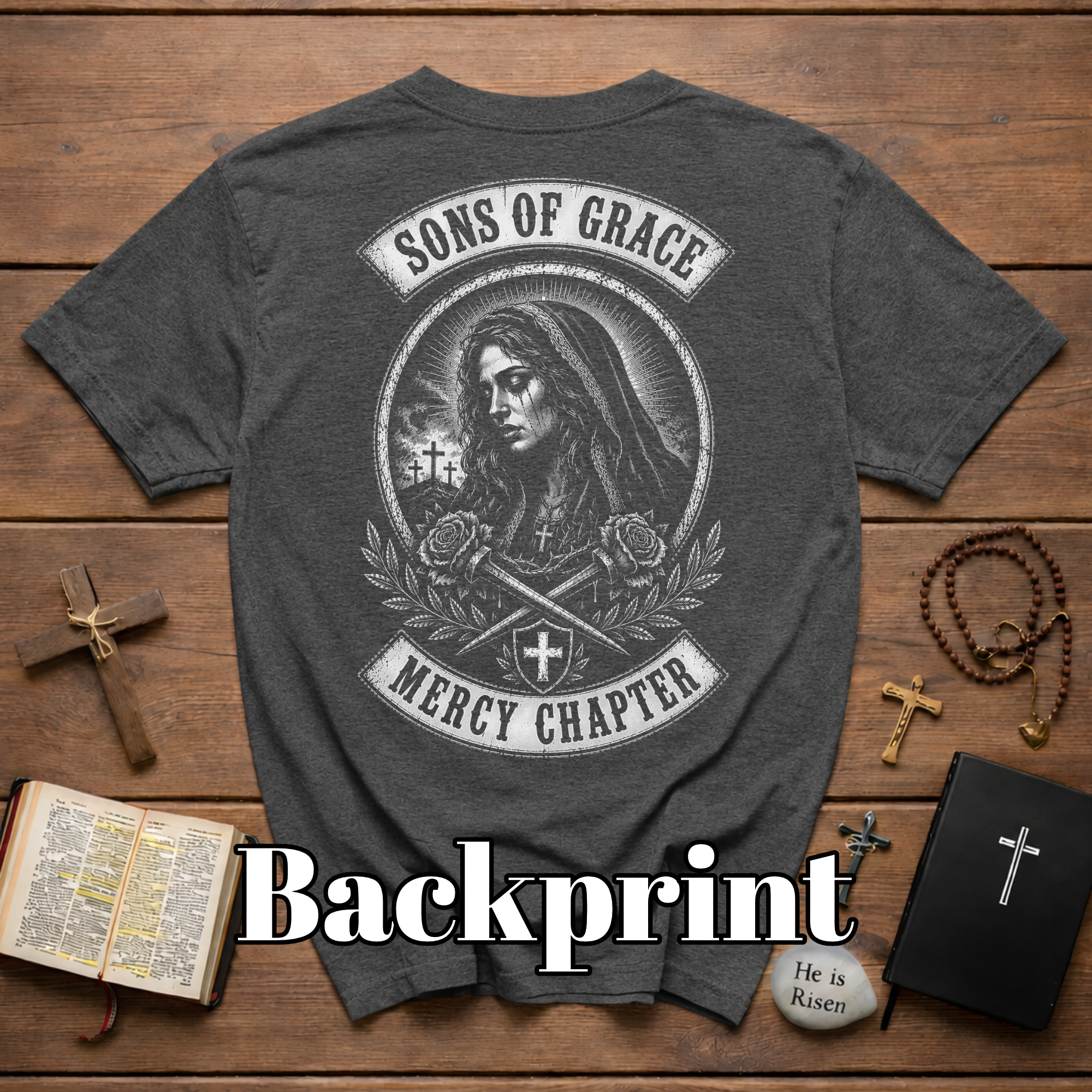 Sons Of Grace Mercy Chapter Gothic Virgin Mary Cross And Roses Catholic Biker Faith Emblem