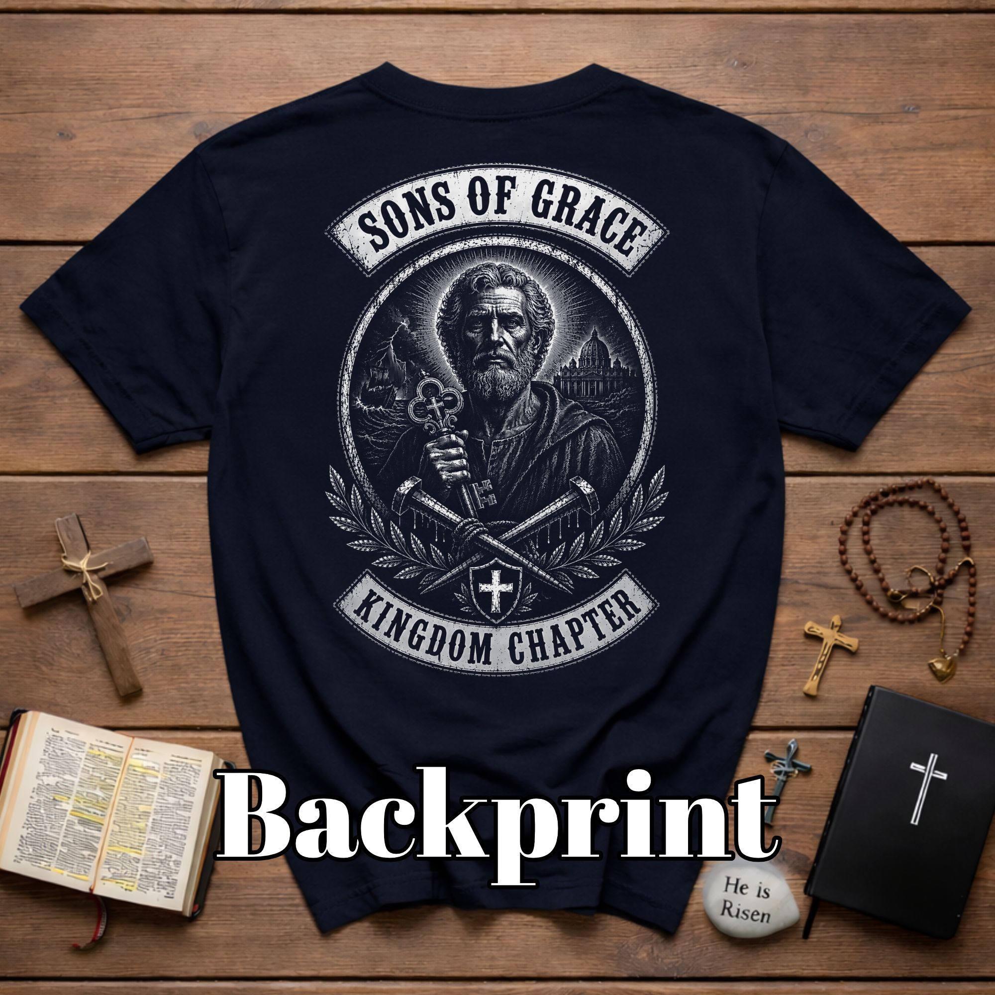 Sons Of Grace Kingdom Chapter Christian Warrior Saint Peter Keys Cross Emblem T-Shirt