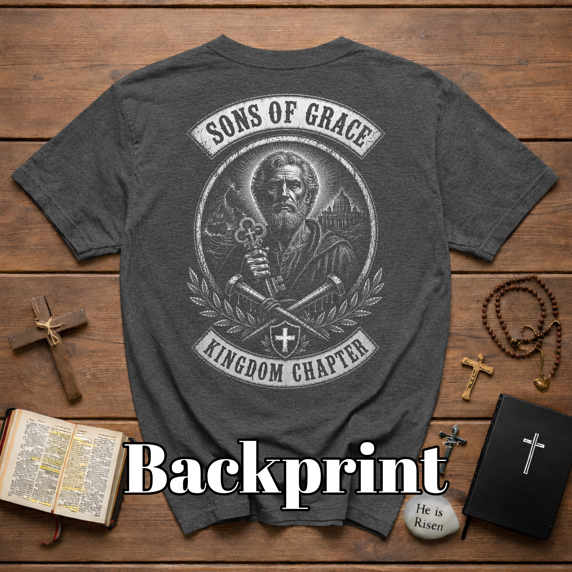 Sons Of Grace Kingdom Chapter Christian Warrior Saint Peter Keys Cross Emblem T-Shirt