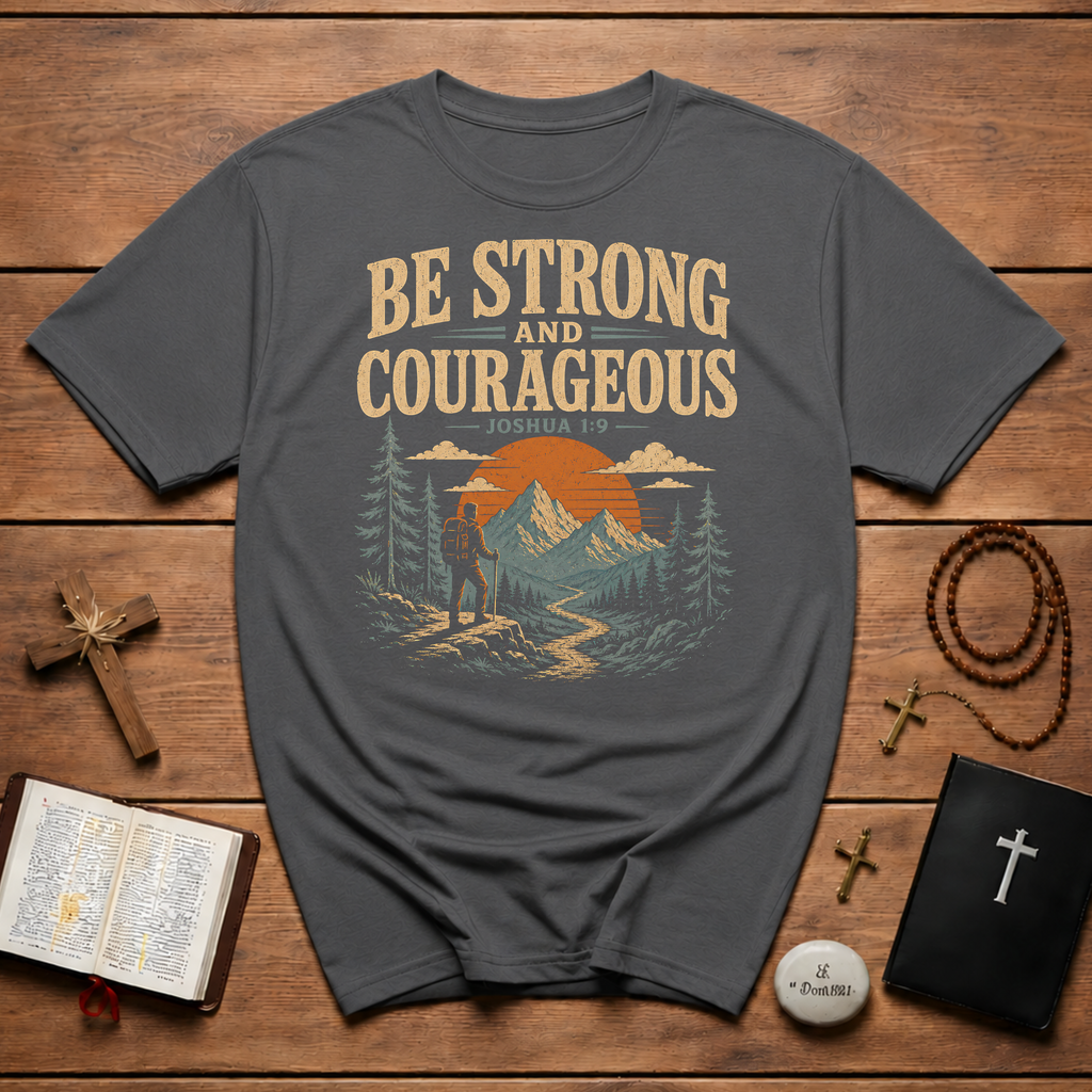 Be Strong And Courageous Joshua 1 9 Christian Hiking Mountain Bible Verse Outdoor Faith T-Shirt