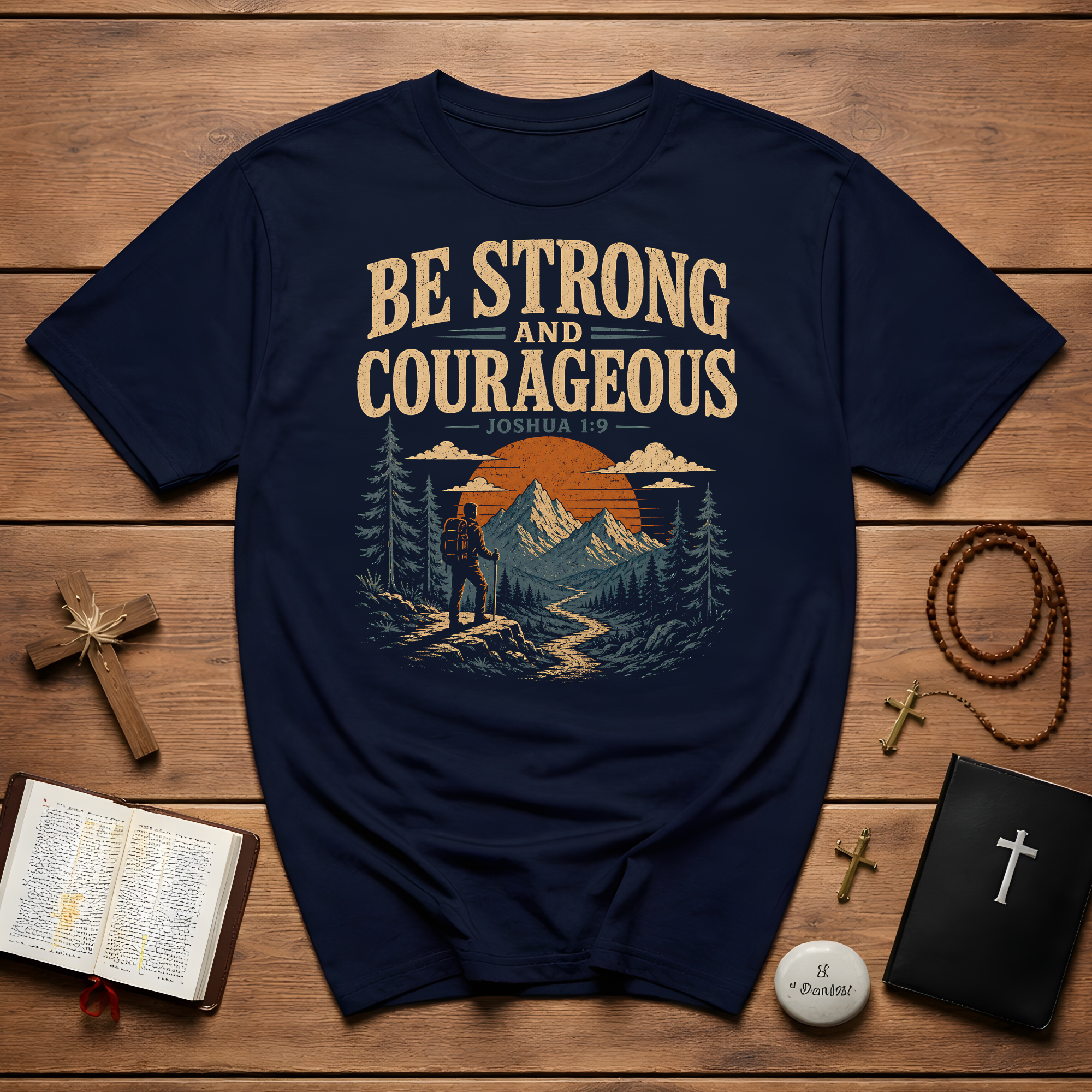 Be Strong And Courageous Joshua 1 9 Christian Hiking Mountain Bible Verse Outdoor Faith T-Shirt