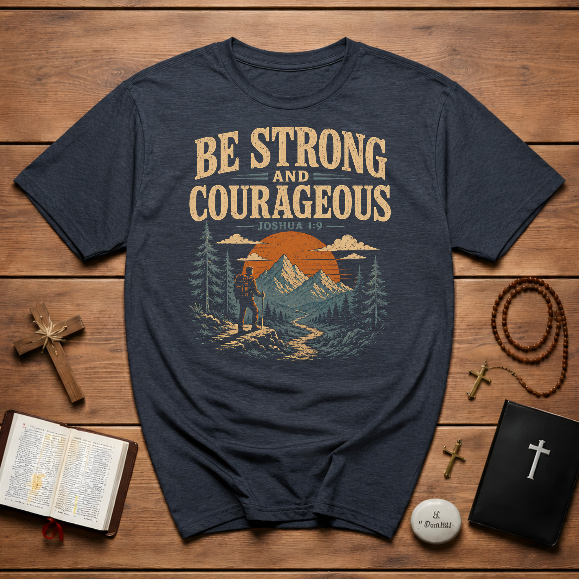 Be Strong And Courageous Joshua 1 9 Christian Hiking Mountain Bible Verse Outdoor Faith T-Shirt