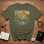 Stand Firm 1 Corinthians 1613 Christian Mountain Bible Verse Hiking Outdoor Faith Artwork For Believers T-Shirt