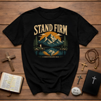 Stand Firm 1 Corinthians 1613 Christian Mountain Bible Verse Hiking Outdoor Faith Artwork For Believers T-Shirt