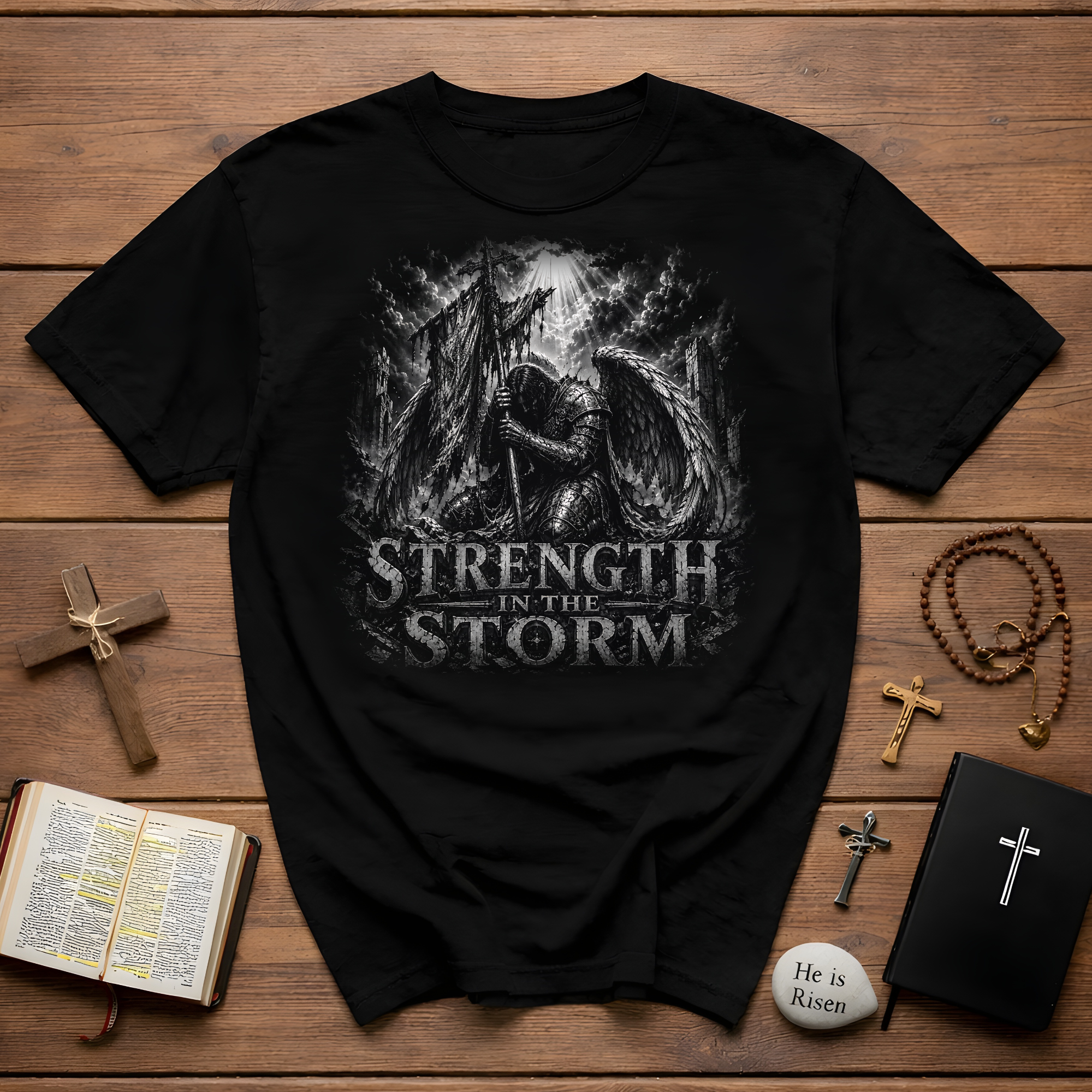 Strength In The Storm Angel Warrior Faith Spiritual Battle Christian Strength T-Shirt