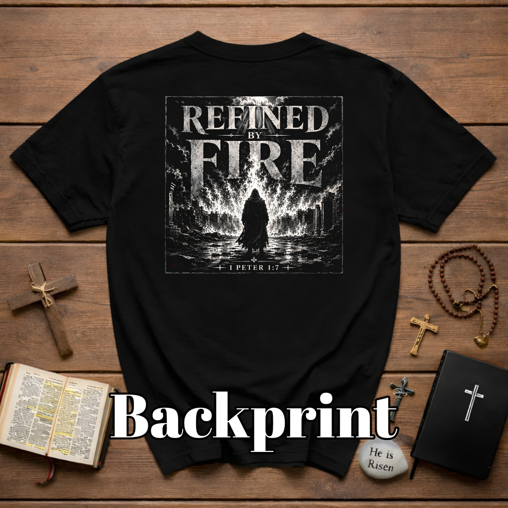 Refined By Fire 1 Peter 1 7 Christian Faith Artwork For Trials Spiritual Warfare And Bible Verse Inspiration T-Shirt