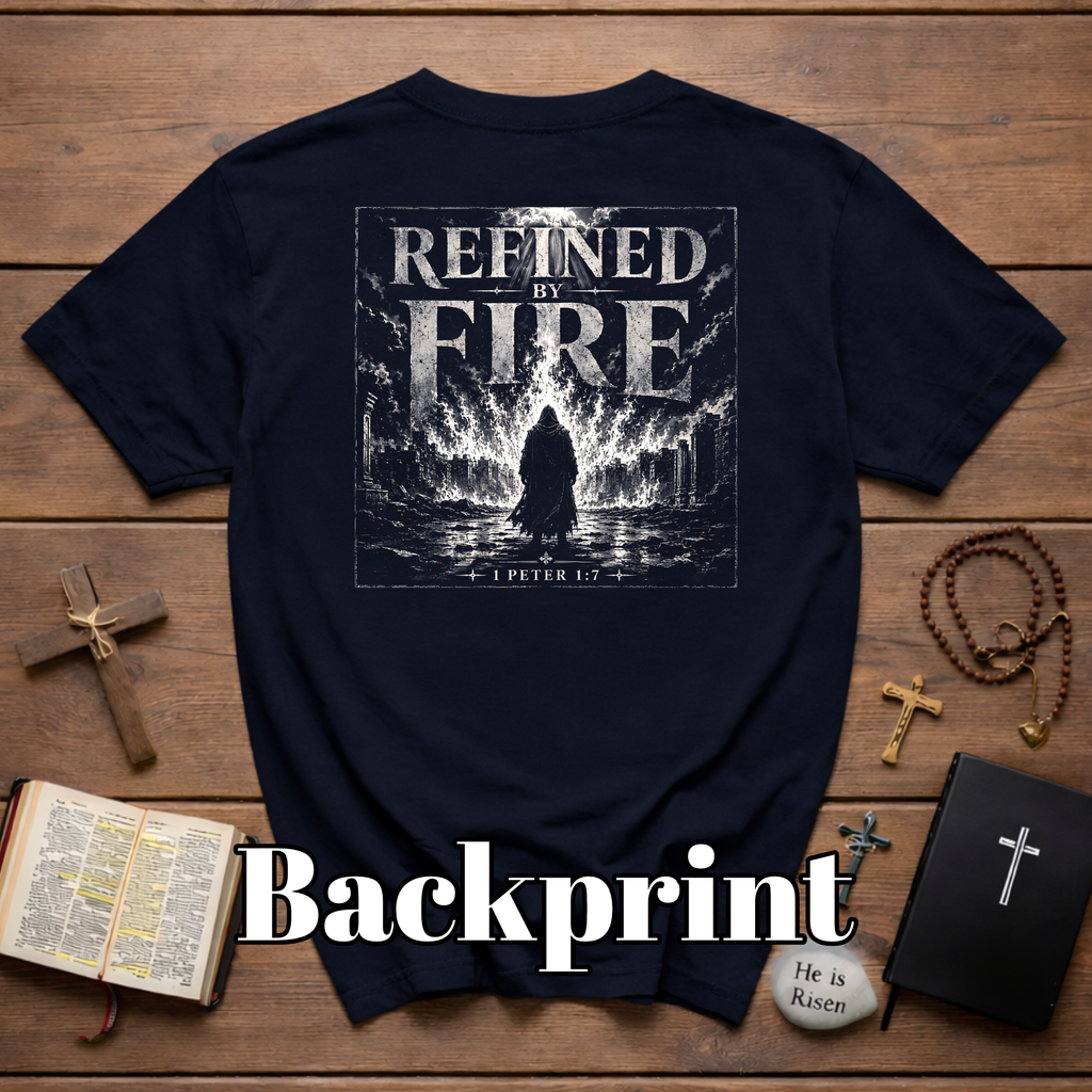 Refined By Fire 1 Peter 1 7 Christian Faith Artwork For Trials Spiritual Warfare And Bible Verse Inspiration T-Shirt