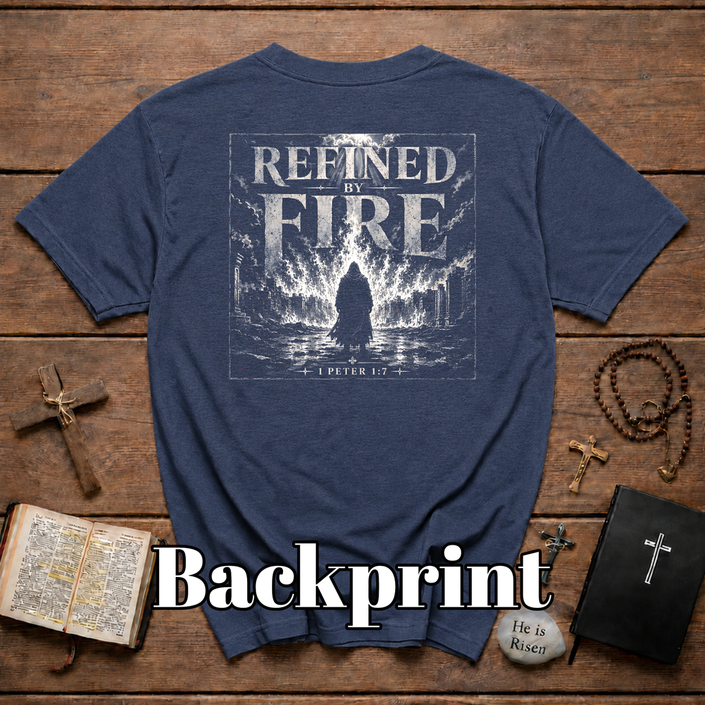 Refined By Fire 1 Peter 1 7 Christian Faith Artwork For Trials Spiritual Warfare And Bible Verse Inspiration T-Shirt