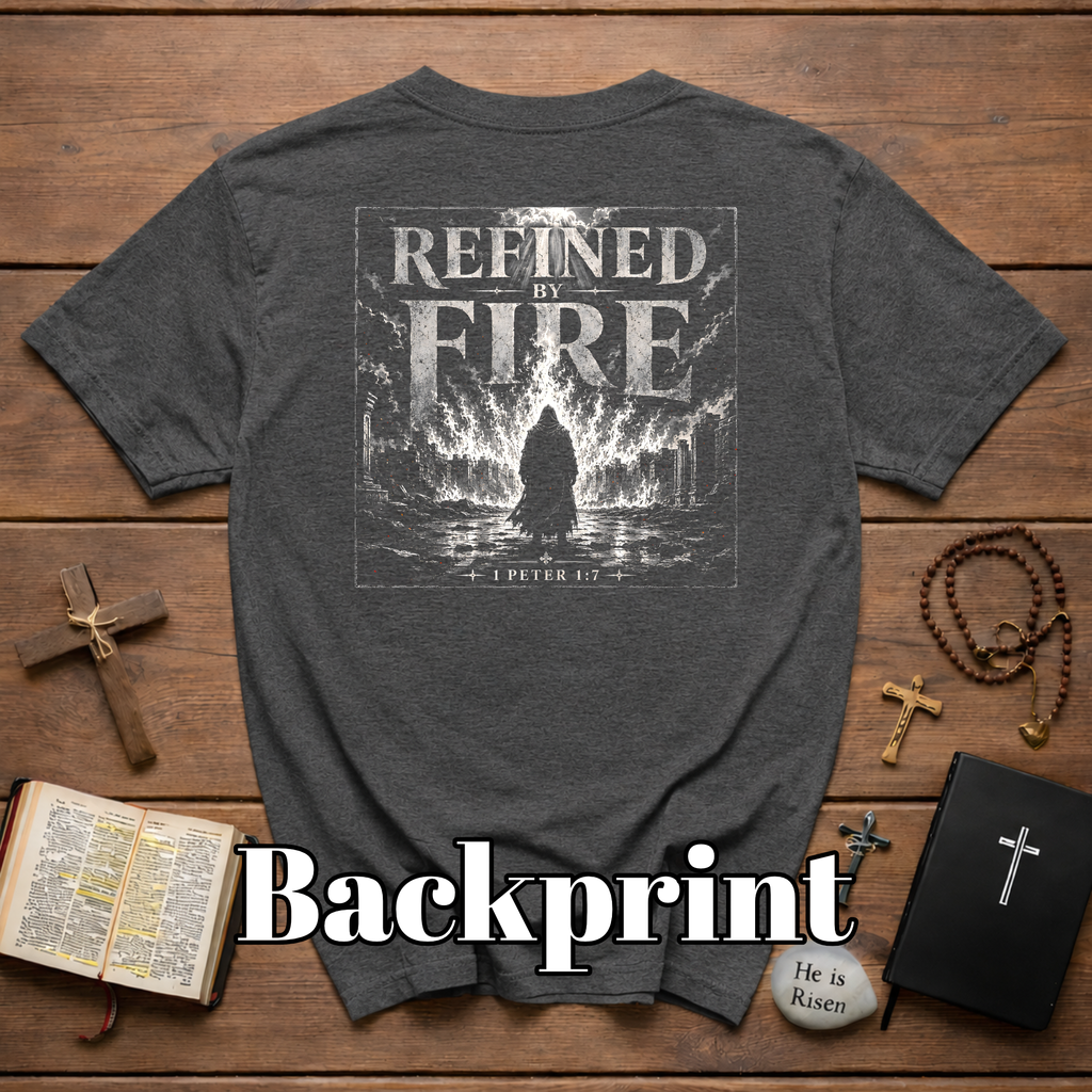 Refined By Fire 1 Peter 1 7 Christian Faith Artwork For Trials Spiritual Warfare And Bible Verse Inspiration T-Shirt