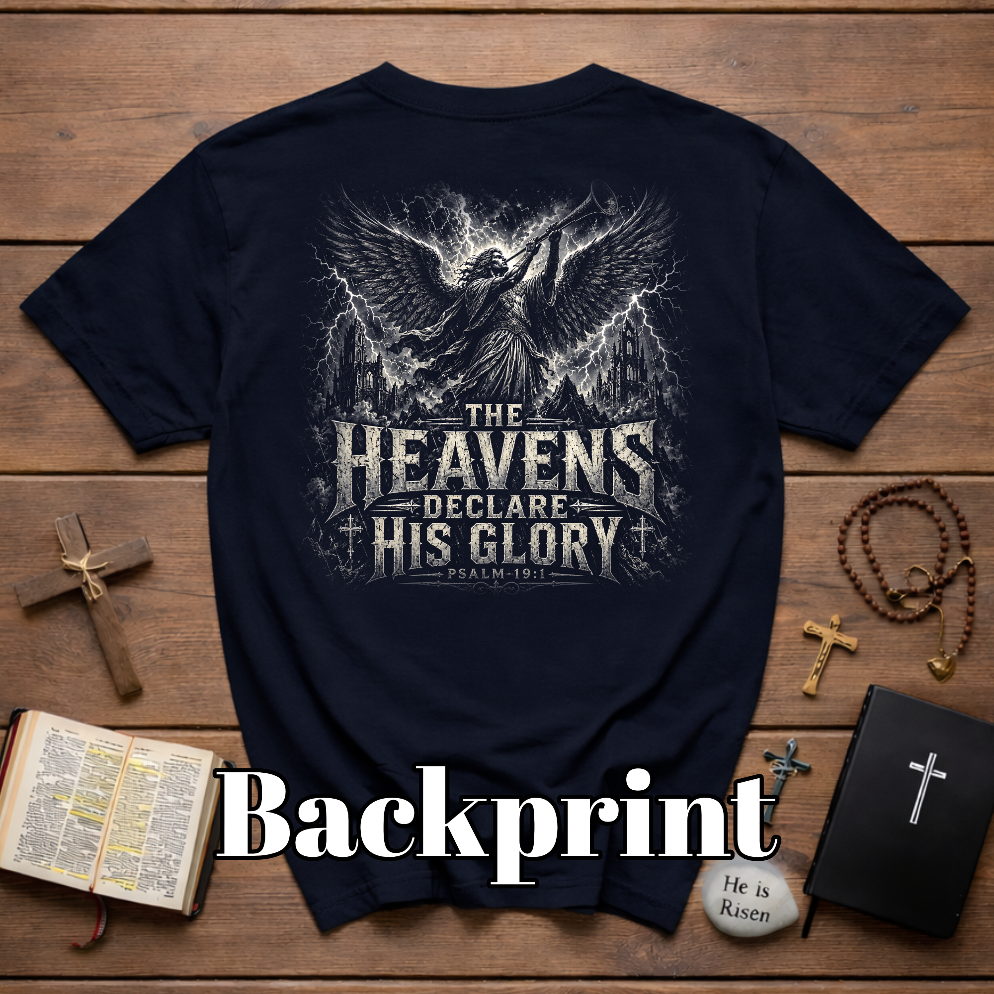 The Heavens Declare His Glory Psalm 19 1 Christian Angel Trumpet Biblical Verse T-Shirt