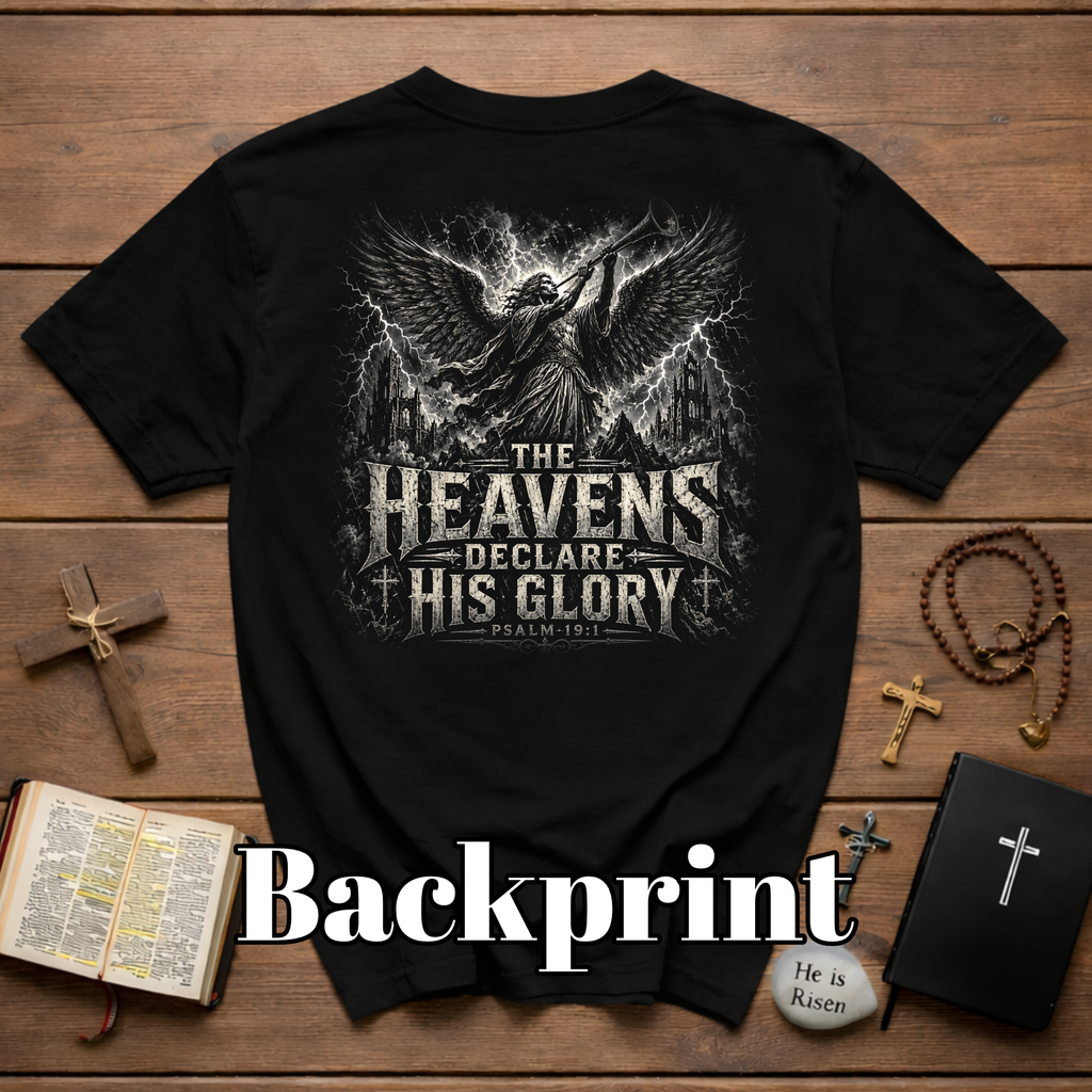 The Heavens Declare His Glory Psalm 19 1 Christian Angel Trumpet Biblical Verse T-Shirt
