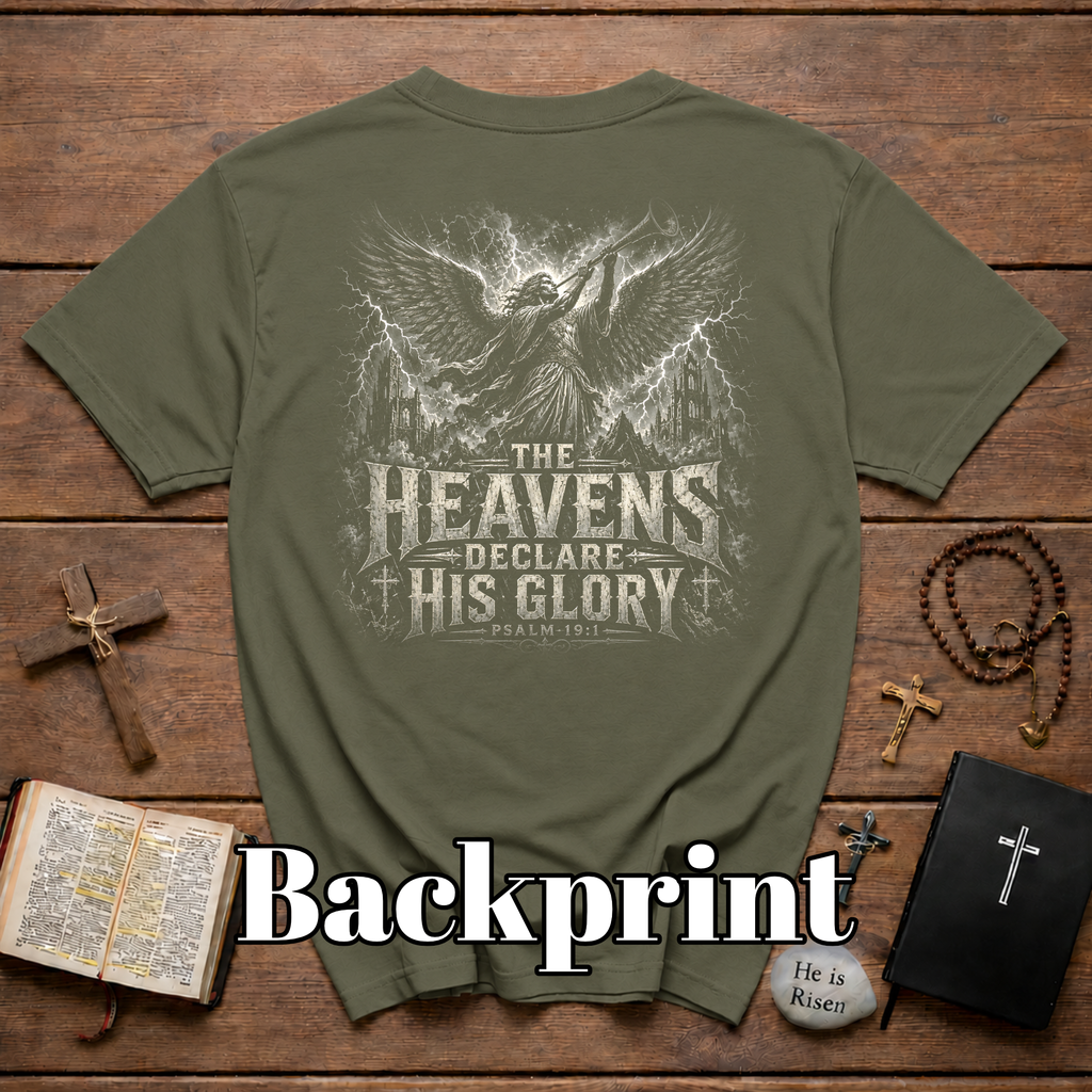 The Heavens Declare His Glory Psalm 19 1 Christian Angel Trumpet Biblical Verse T-Shirt