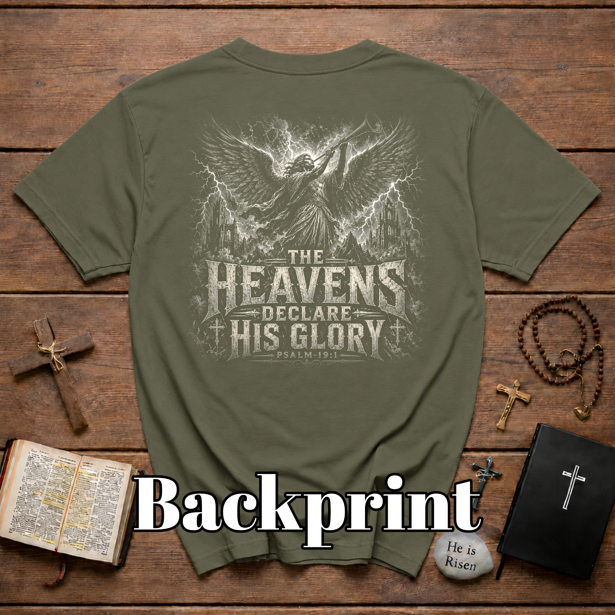 The Heavens Declare His Glory Psalm 19 1 Christian Angel Trumpet Biblical Verse T-Shirt
