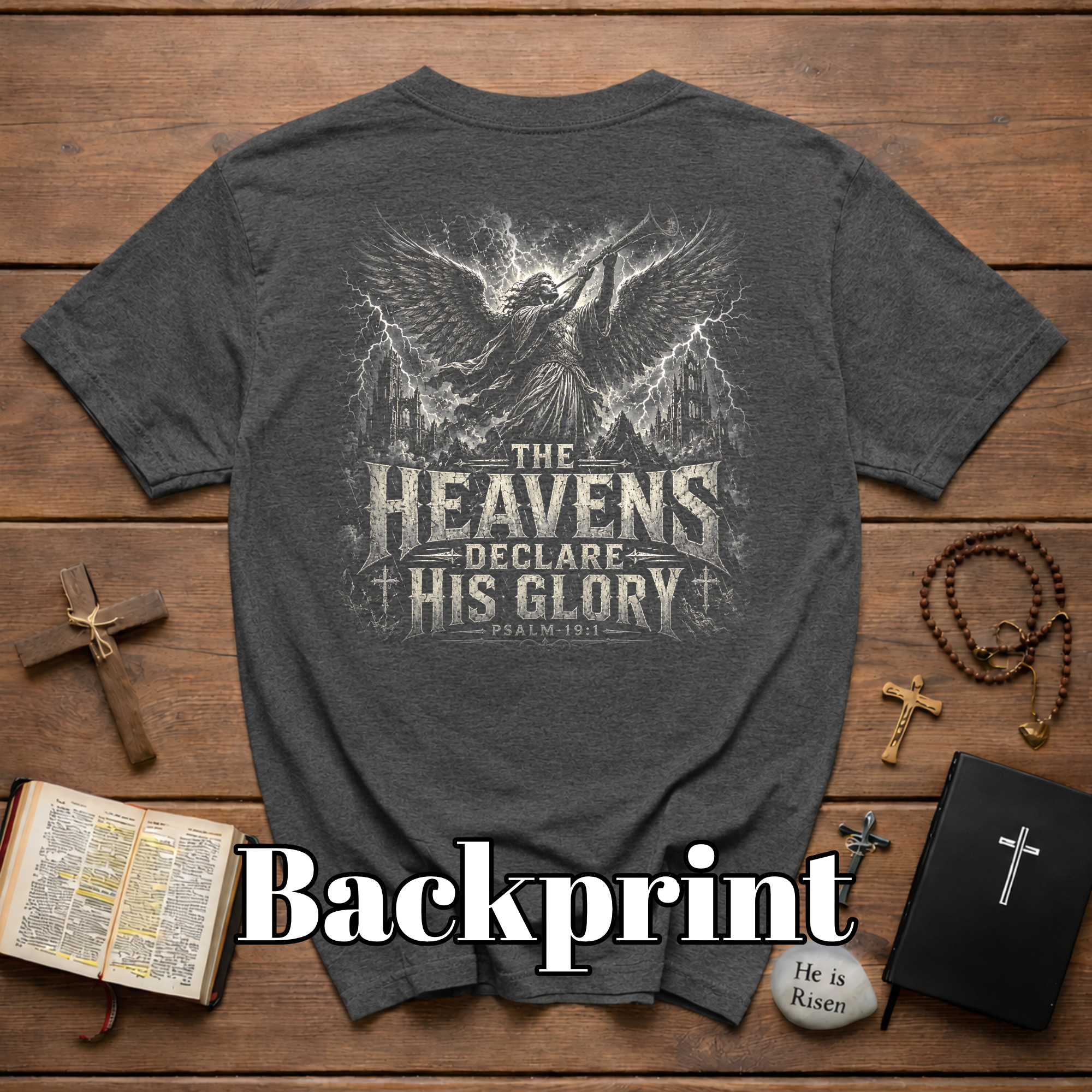 The Heavens Declare His Glory Psalm 19 1 Christian Angel Trumpet Biblical Verse T-Shirt
