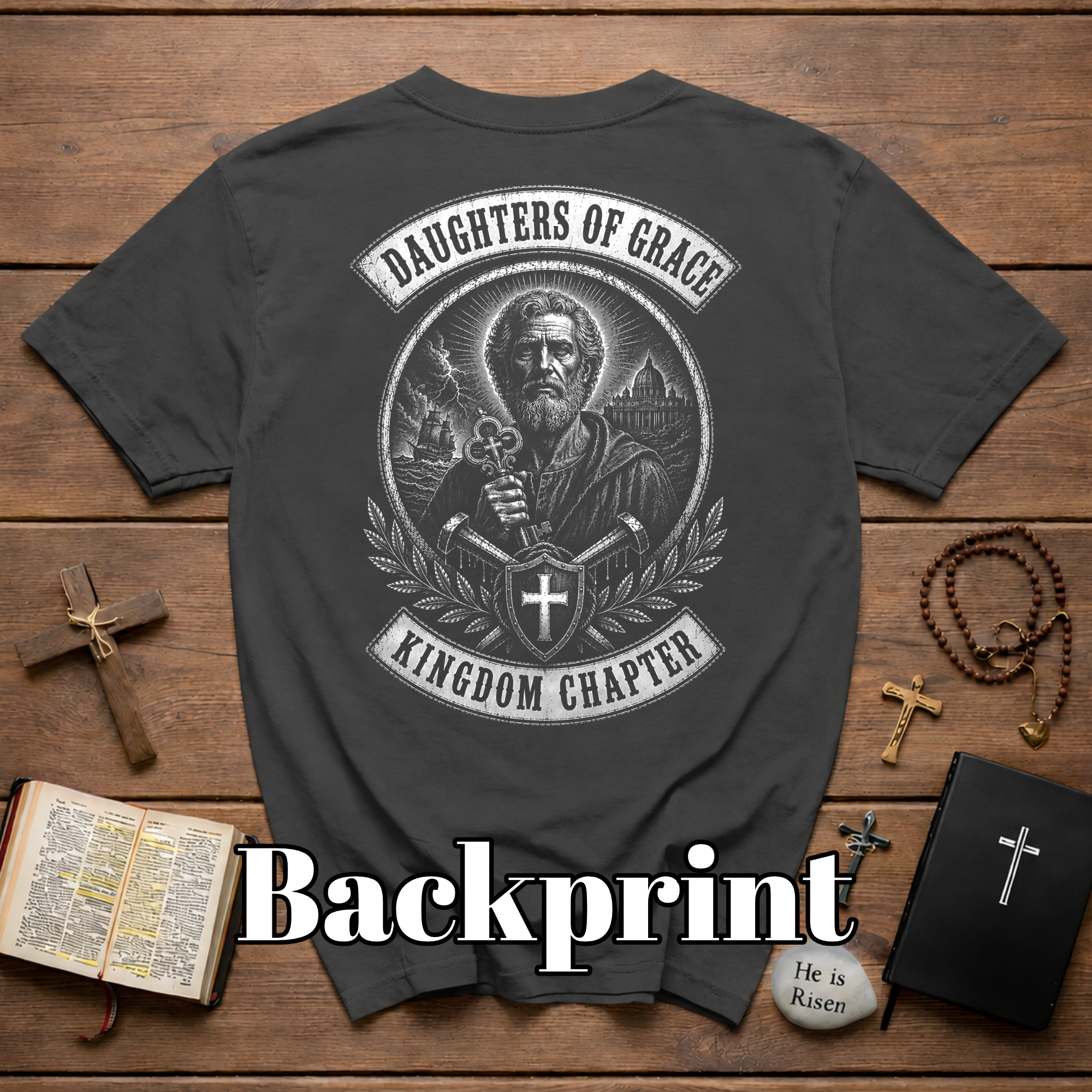 Daughters Of Grace Kingdom Chapter Christian Warrior Saint With Cross Shield Keys T-Shirt