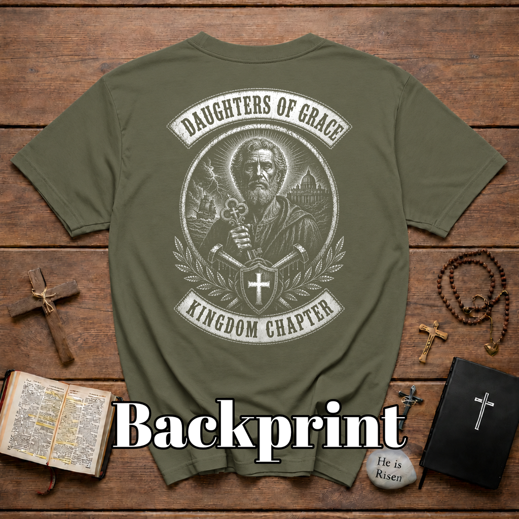 Daughters Of Grace Kingdom Chapter Christian Warrior Saint With Cross Shield Keys T-Shirt