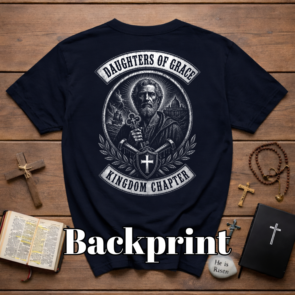 Daughters Of Grace Kingdom Chapter Christian Warrior Saint With Cross Shield Keys T-Shirt
