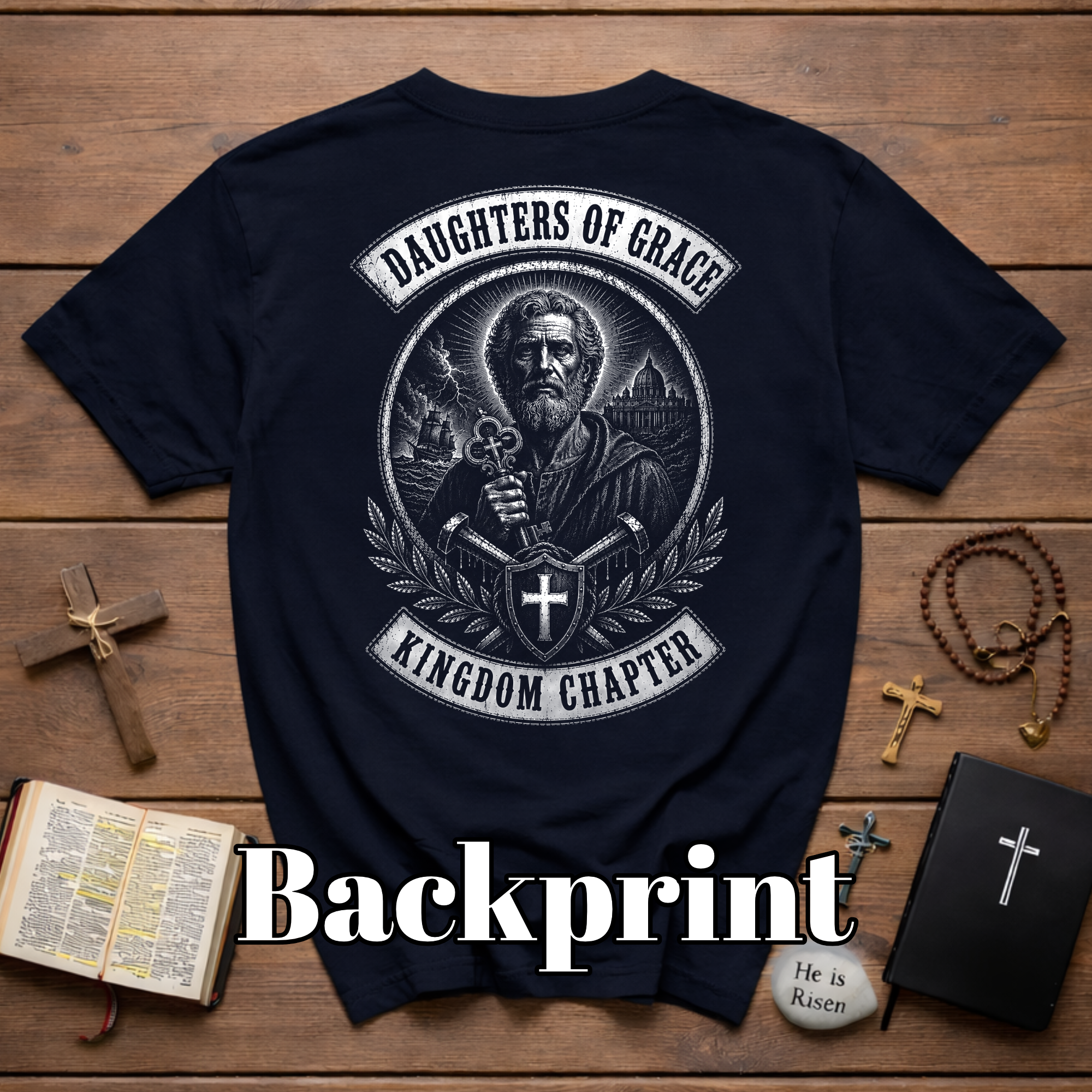 Daughters Of Grace Kingdom Chapter Christian Warrior Saint With Cross Shield Keys T-Shirt