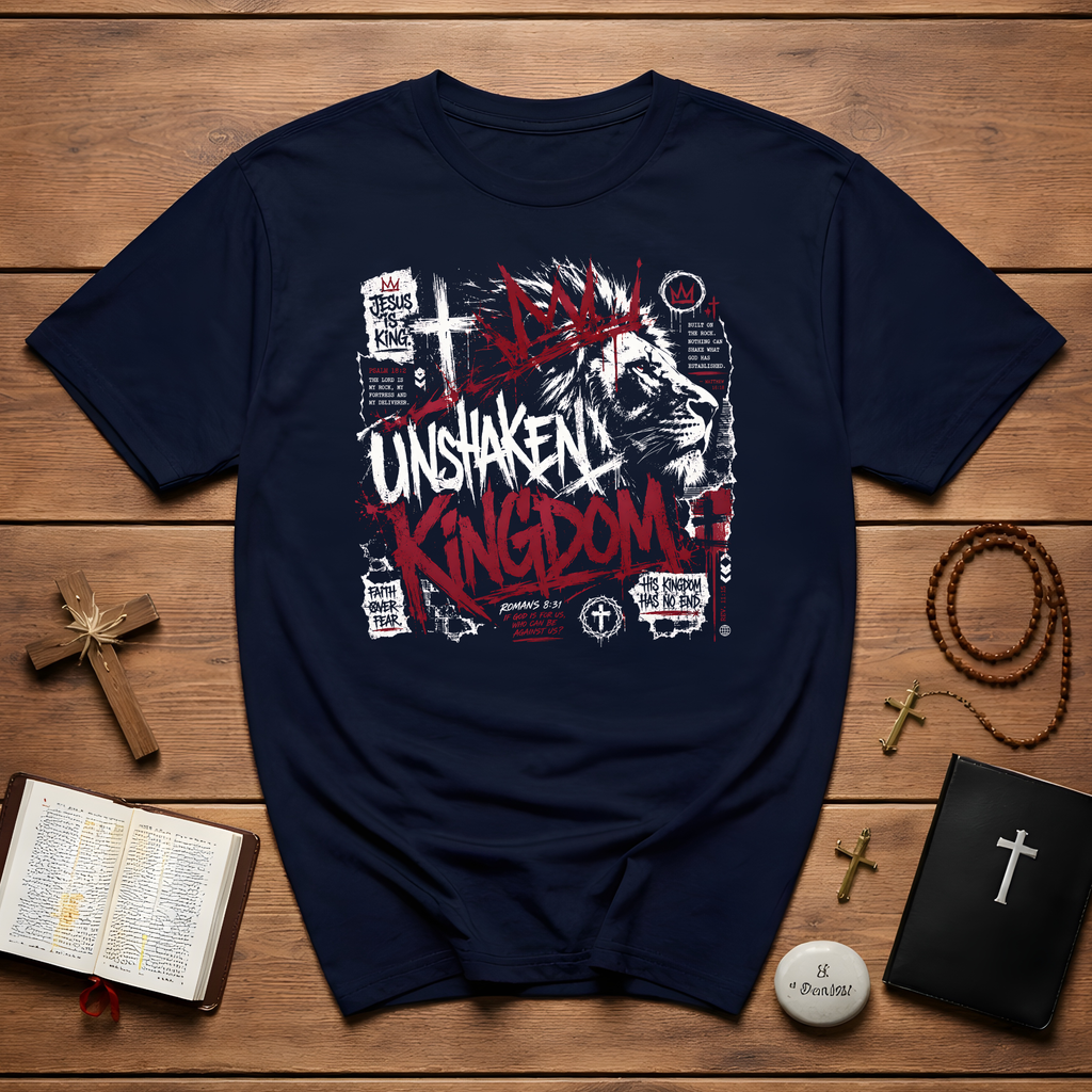 Unshaken Kingdom Jesus Is King Lion Romans 8 31 Faith Over Fear Christian Scripture T-Shirt
