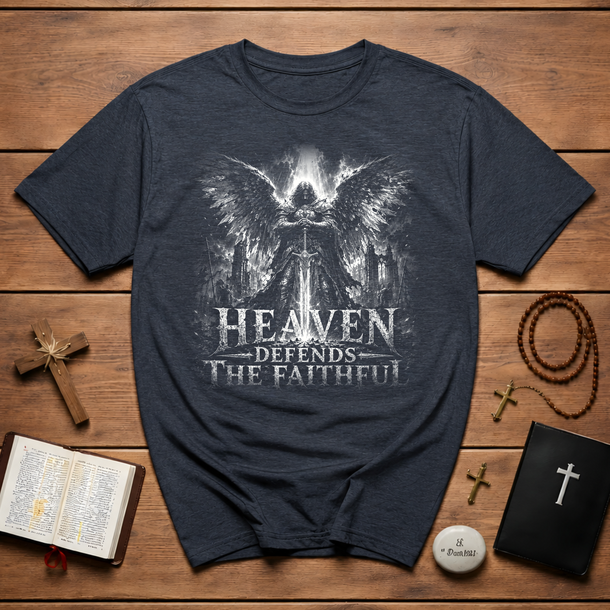 Heaven Defends The Faithful Guardian Angel Christian Warrior Spiritual Warfare T-Shirt
