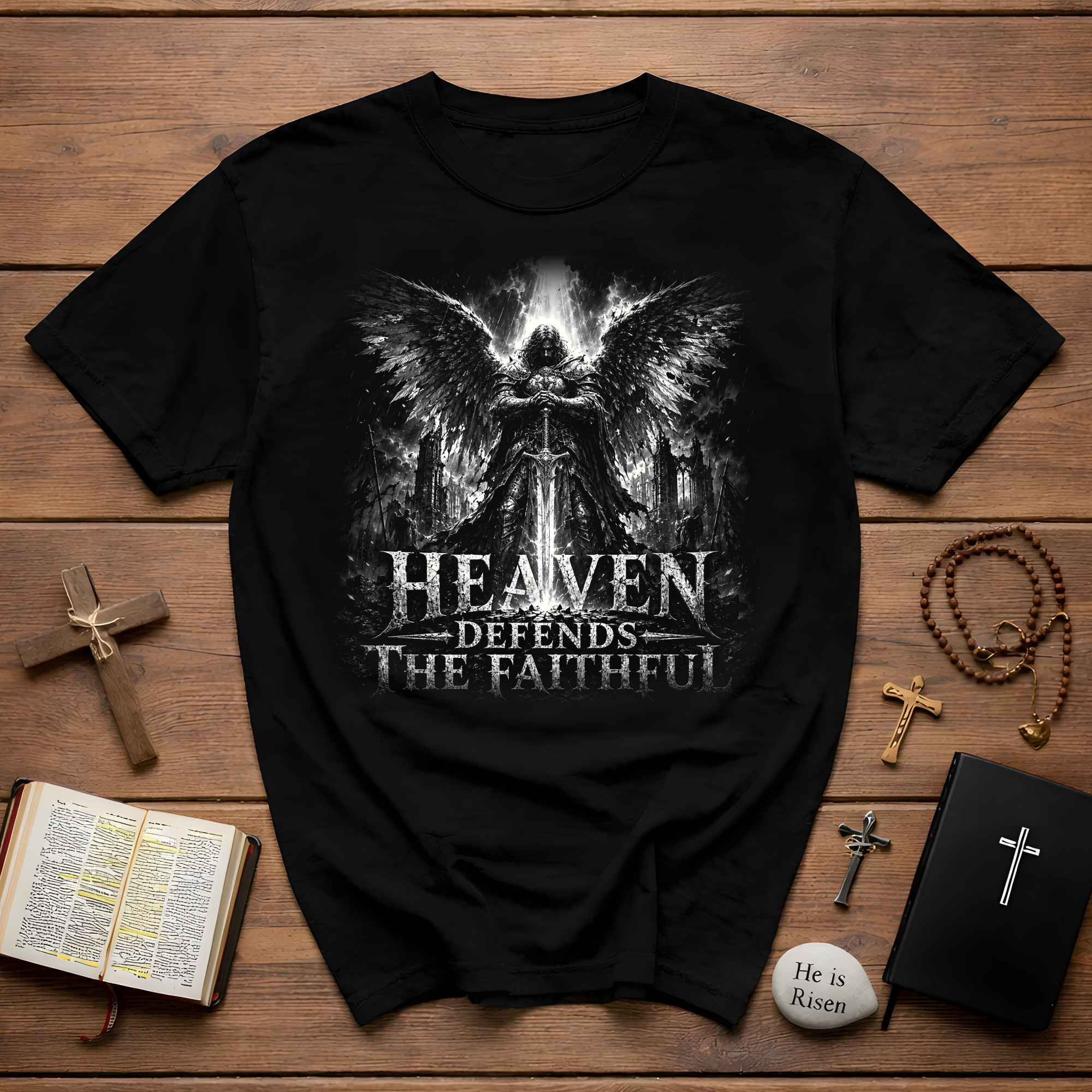 Heaven Defends The Faithful Guardian Angel Christian Warrior Spiritual Warfare T-Shirt
