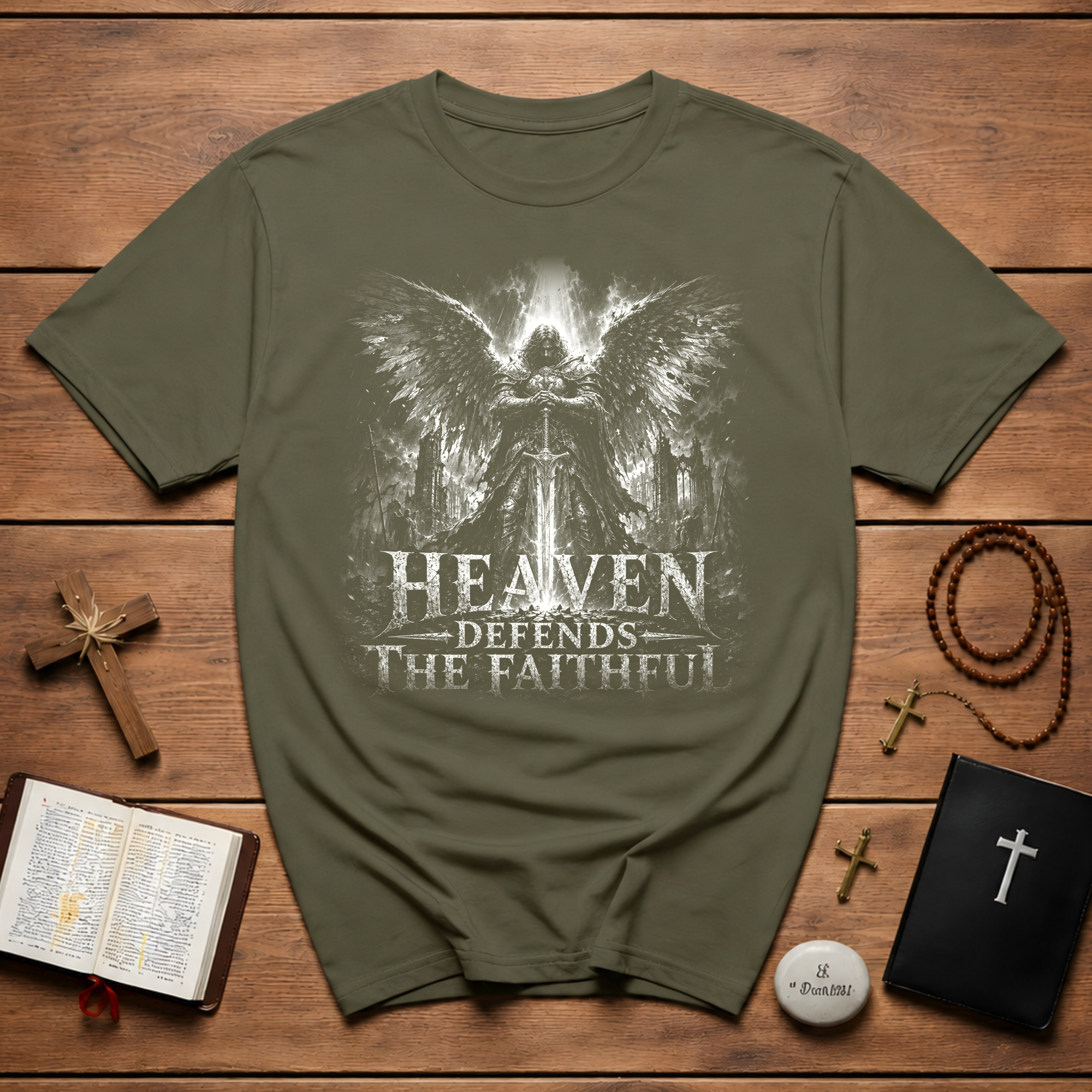 Heaven Defends The Faithful Guardian Angel Christian Warrior Spiritual Warfare T-Shirt