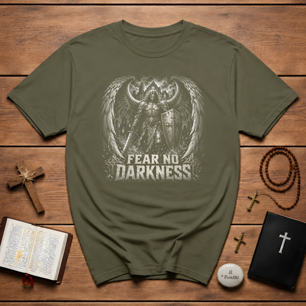 Fear No Darkness Angelic Warrior Archangel With Sword And Shield Gothic Dark Fantasy Spiritual Battle T-Shirt