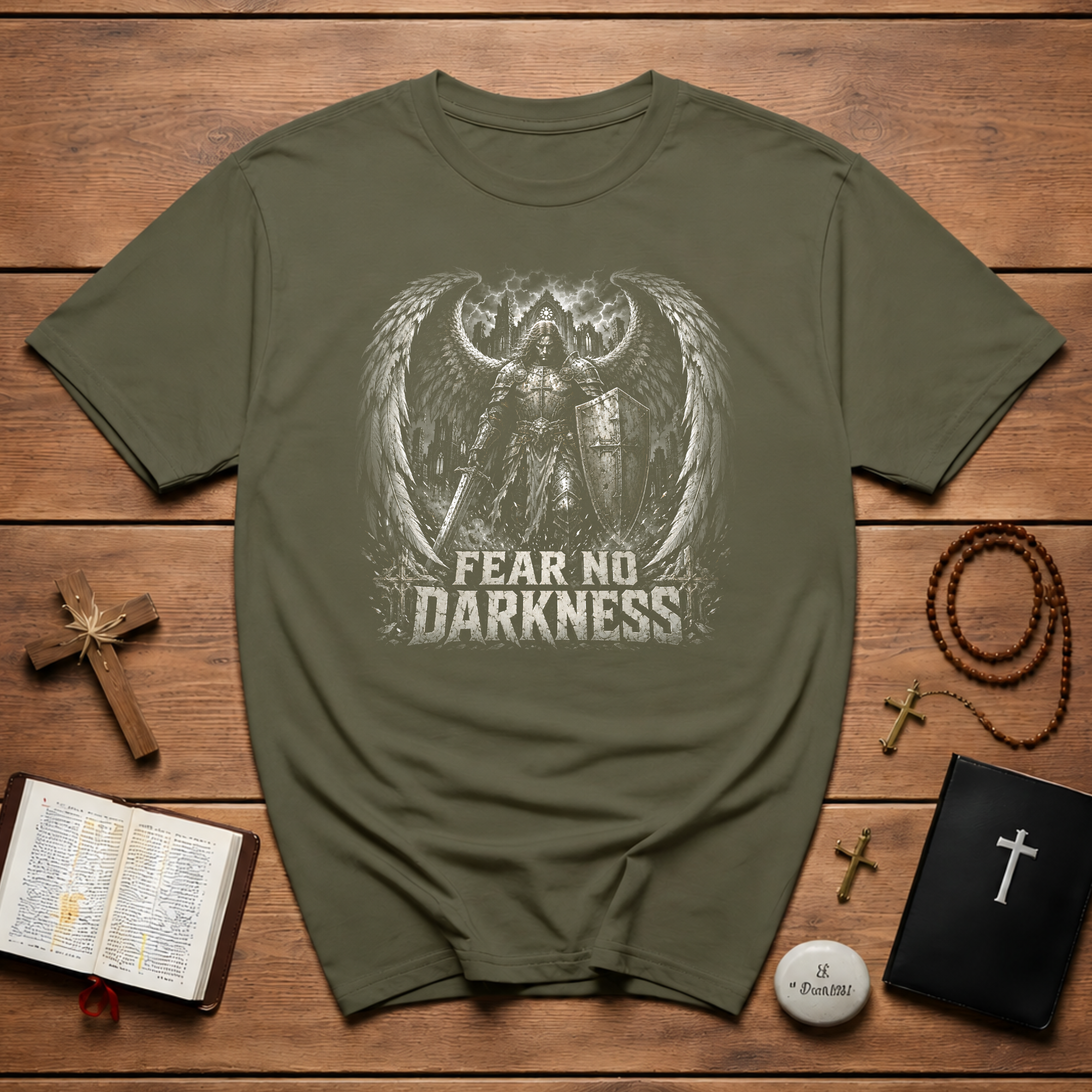 Fear No Darkness Angelic Warrior Archangel With Sword And Shield Gothic Dark Fantasy Spiritual Battle T-Shirt