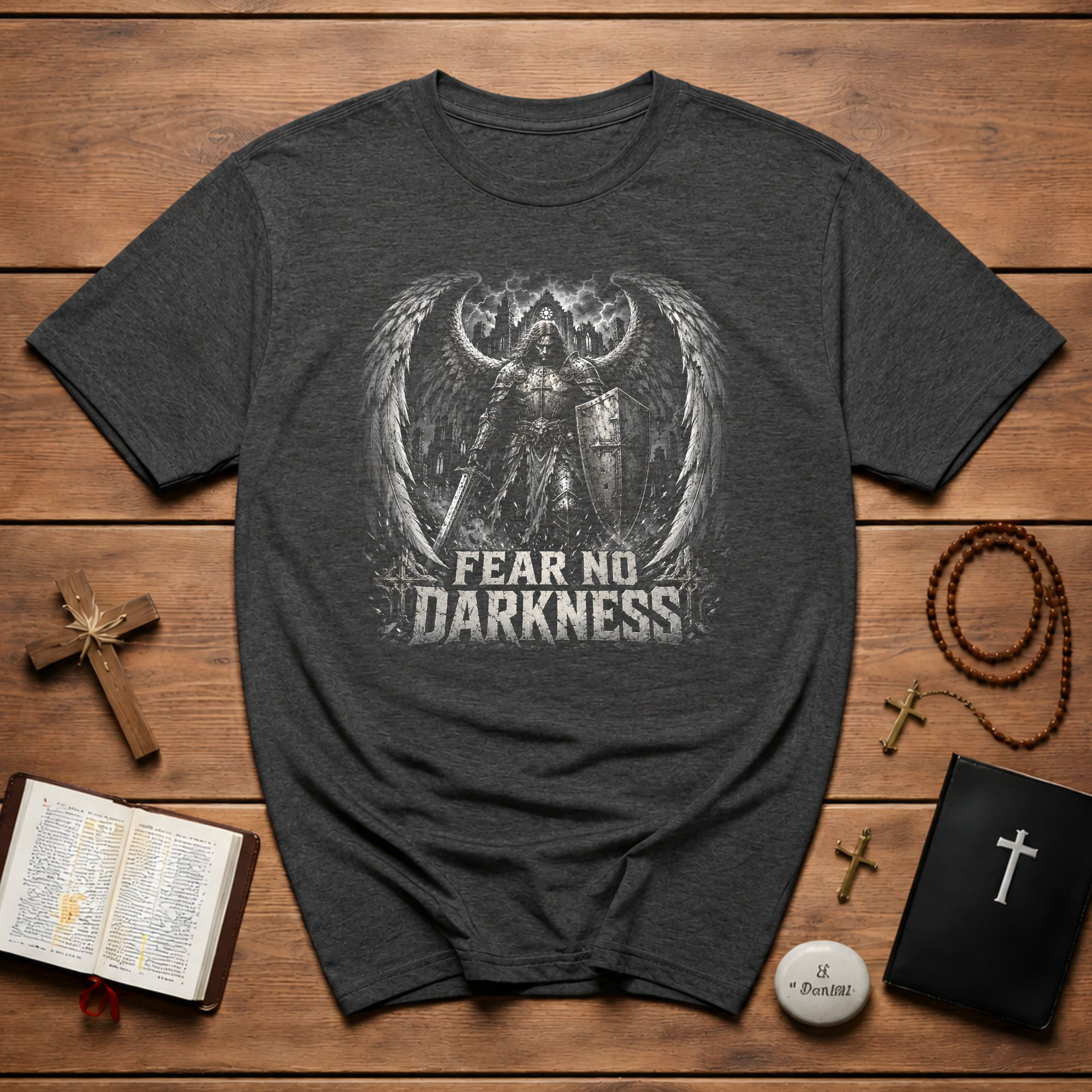 Fear No Darkness Angelic Warrior Archangel With Sword And Shield Gothic Dark Fantasy Spiritual Battle T-Shirt
